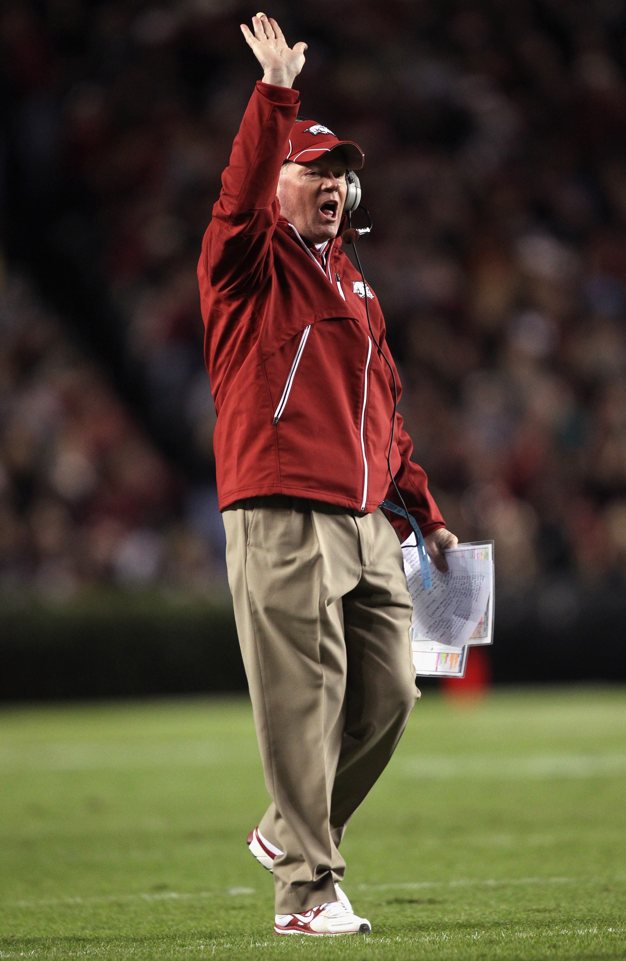 COLUMBIA, SC - NOVEMBER 06:  Head coach Bobby Petrino of the Arkansas Razorbacks yells to his team during their game against the South Carolina Gamecocks at Williams-Brice Stadium on November 6, 2010 in Columbia, South Carolina.  (Photo by Streeter Lecka/