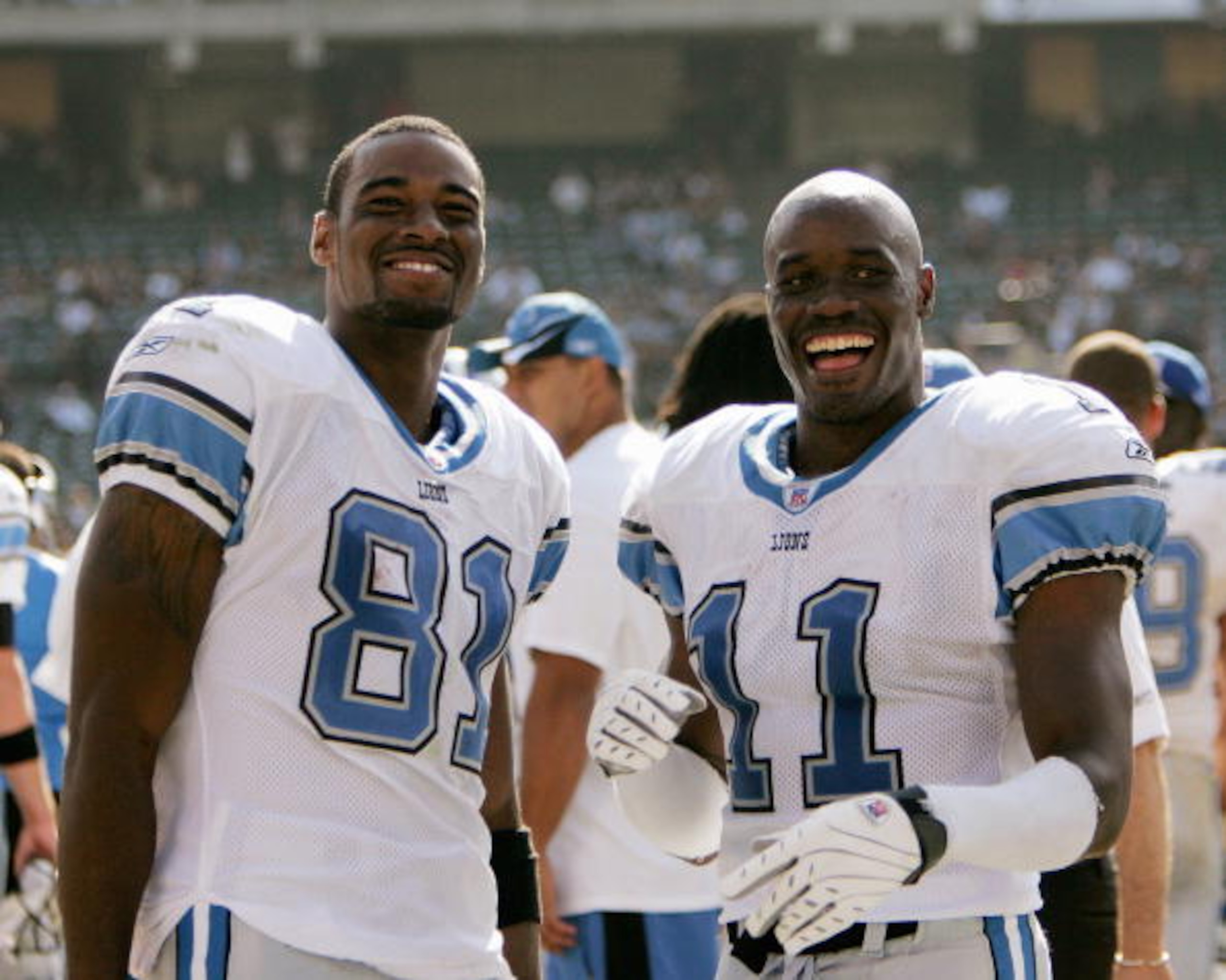 OAKLAND, CA - SEPTEMBER 9:  Wide receivers Calvin Johnson #81 and Roy Williams #11 of the Detroit Lions laugh at the Oakland Raiders after their game at McAfee Coliseum on September 9, 2007 in Oakland, California.  The Lions defeated the Raiders 36-21 (Ph