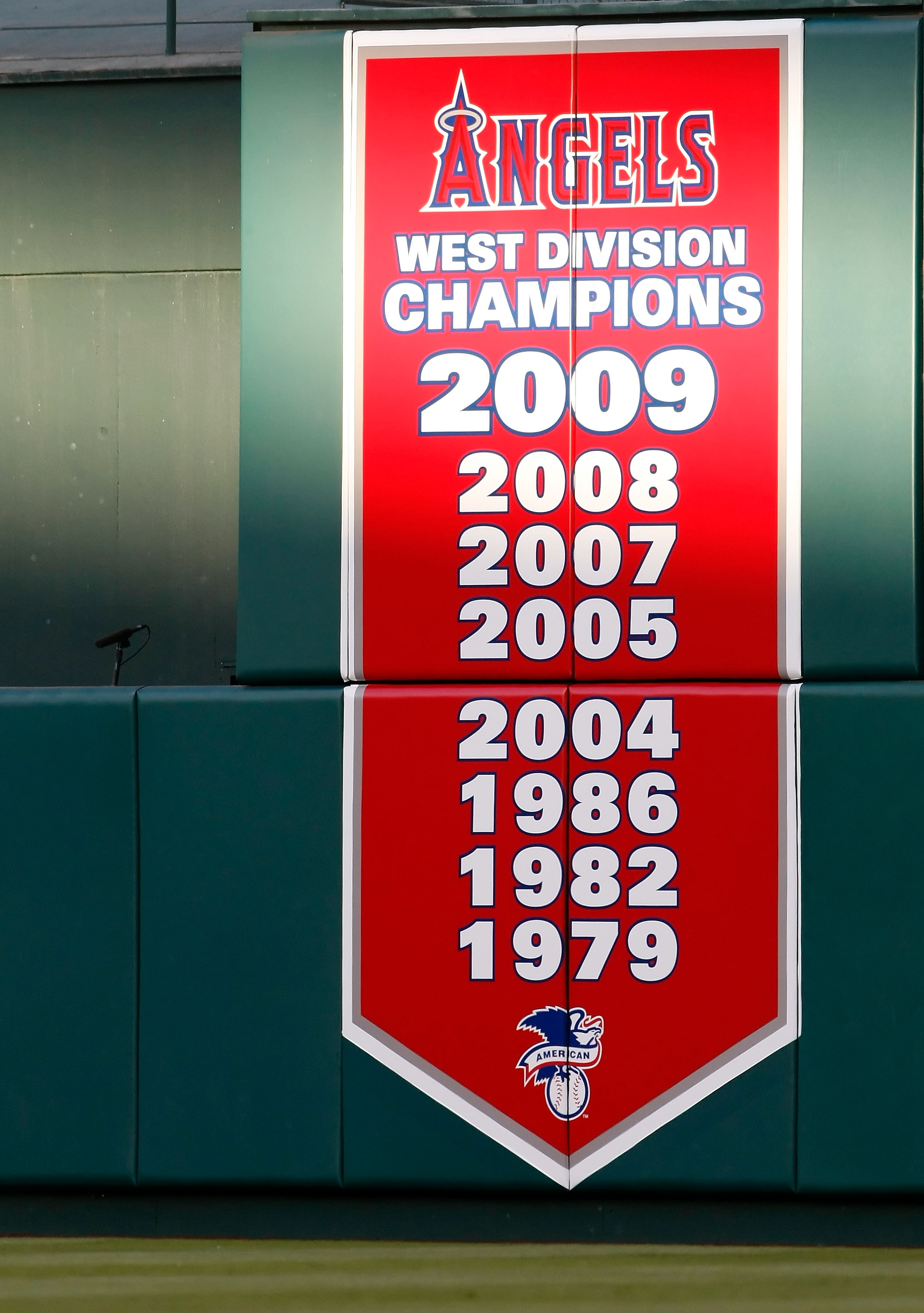 ANAHEIM, CA - OCTOBER 01:  A banner in center field announces the 2009 West Division Champion Los Angeles Angels of Anaheim during the game against the Texas Rangers at Angel Stadium on October 1, 2009 in Anaheim, California. The Rangers defeated the Ange