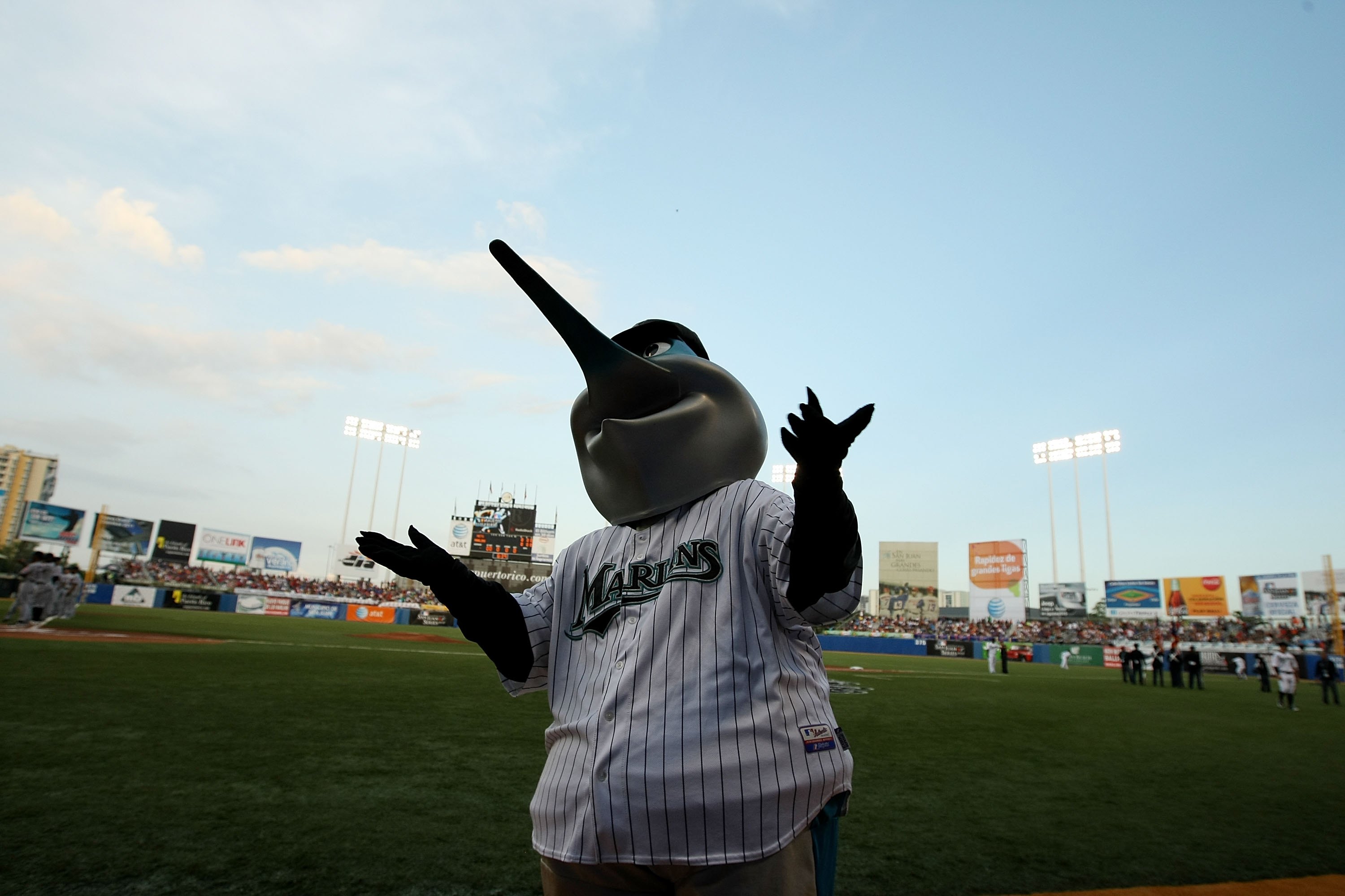 SAN JUAN, PUERTO RICO - JUNE 28:  The Mascot of the Florida Marlins  interacts during the game against The New York Mets at Hiram Bithorn Stadium on June 28, 2010 in San Juan, Puerto Rico.  (Photo by Al Bello/Getty Images)