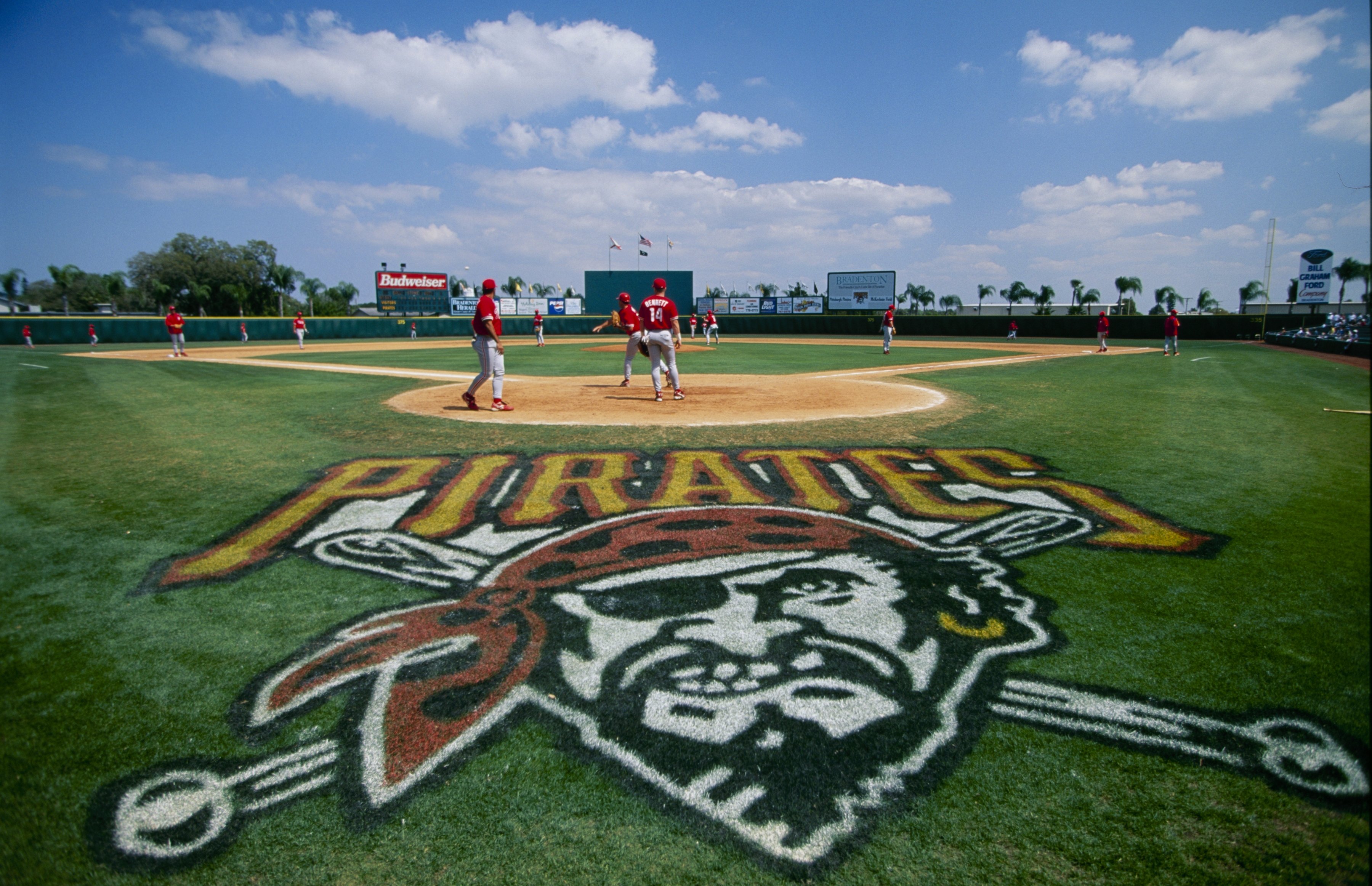 BRADENTON, FL - MARCH 18:  Field level general view of the Pittsburgh Pirates logo on the field before the Spring Training game against the Philadelphia Phillies at McKechnie Field on March 18, 1999 in Bradenton, Florida. (Photo by Vincent Laforet/Getty I