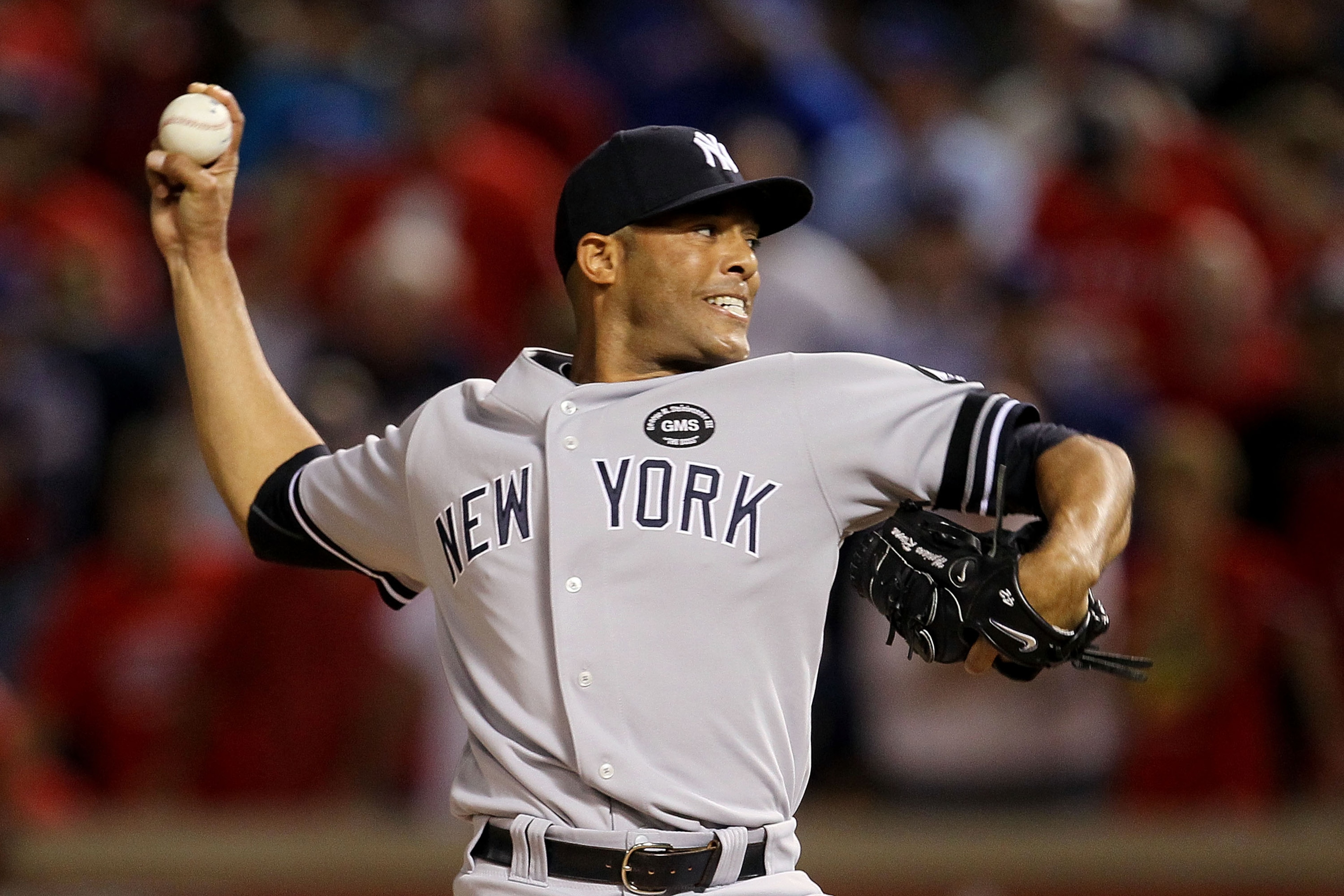 ARLINGTON, TX - OCTOBER 22:  Mariano Rivera #42 of the New York Yankees throws a pitch against the Texas Rangers in Game Six of the ALCS during the 2010 MLB Playoffs at Rangers Ballpark in Arlington on October 22, 2010 in Arlington, Texas.  (Photo by Step