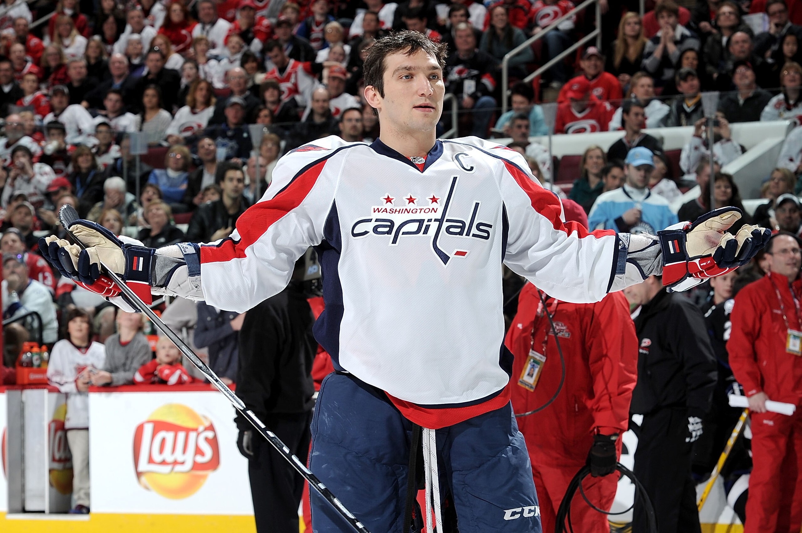 RALEIGH, NC - JANUARY 29:  Alexander Ovechkin #8 of the Washington Capitals reacts during the hardest shot part of the Honda NHL SuperSkills competition part of 2011 NHL All-Star Weekend at the RBC Center on January 29, 2011 in Raleigh, North Carolina.  (