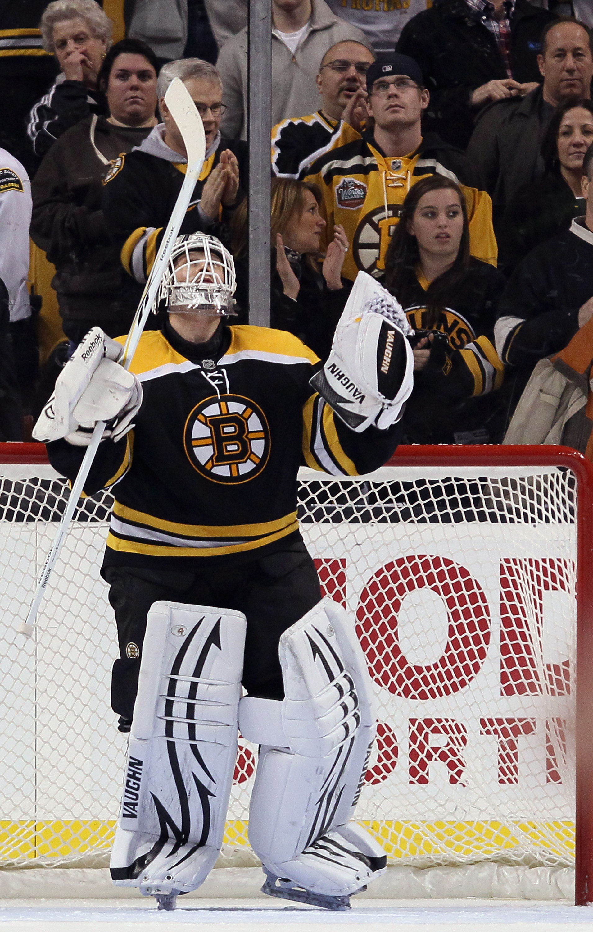 BOSTON, MA - JANUARY 11:  Tim Thomas #30 of the Boston Bruins celebrates after he shut out the Ottawa Senators on January 11, 2011 at the TD Garden in Boston, Massachusetts. The Bruins defeated the Senators 6-0.  (Photo by Elsa/Getty Images)
