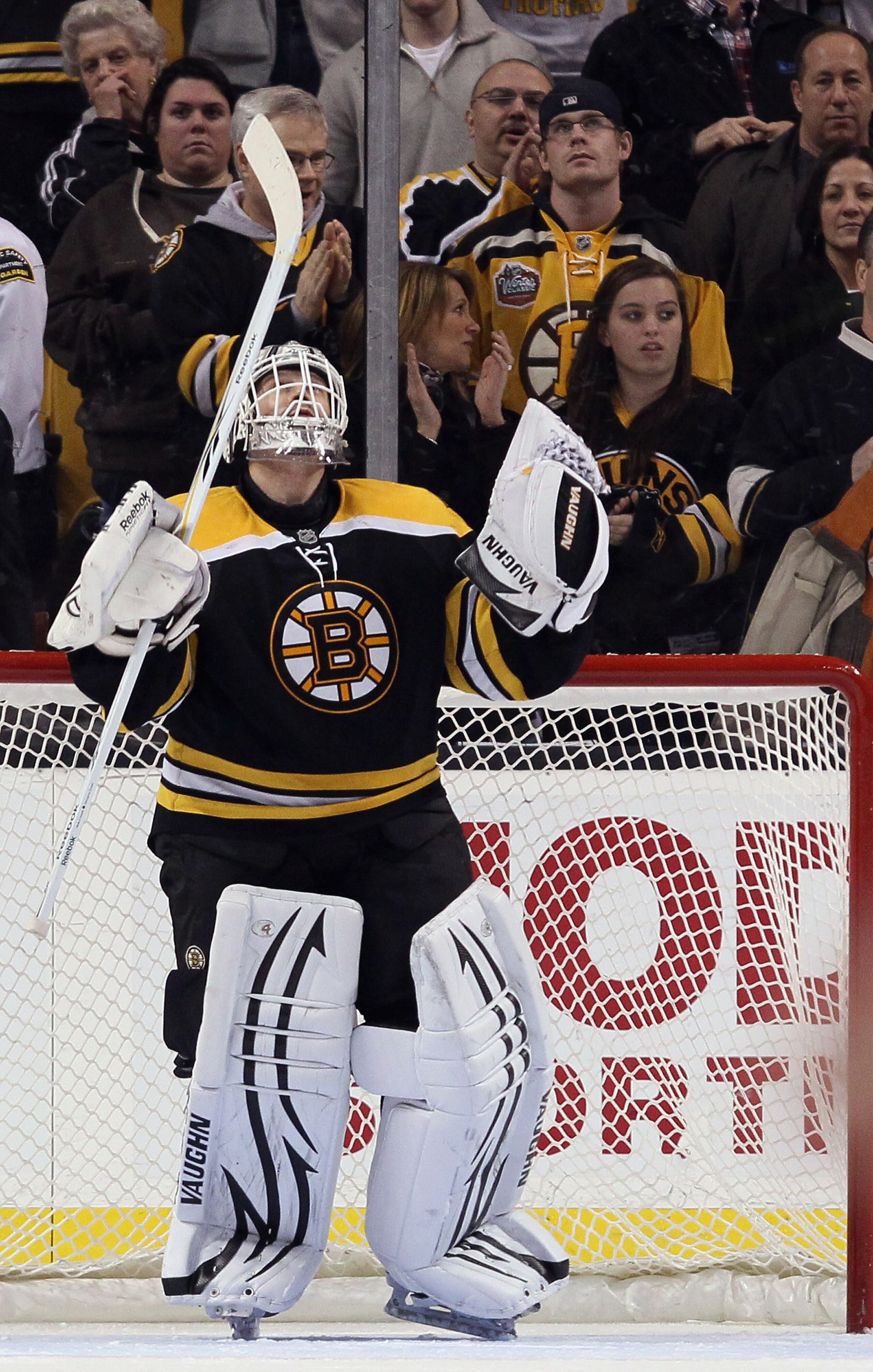 BOSTON, MA - JANUARY 11:  Tim Thomas #30 of the Boston Bruins celebrates after he shut out the Ottawa Senators on January 11, 2011 at the TD Garden in Boston, Massachusetts. The Bruins defeated the Senators 6-0.  (Photo by Elsa/Getty Images)
