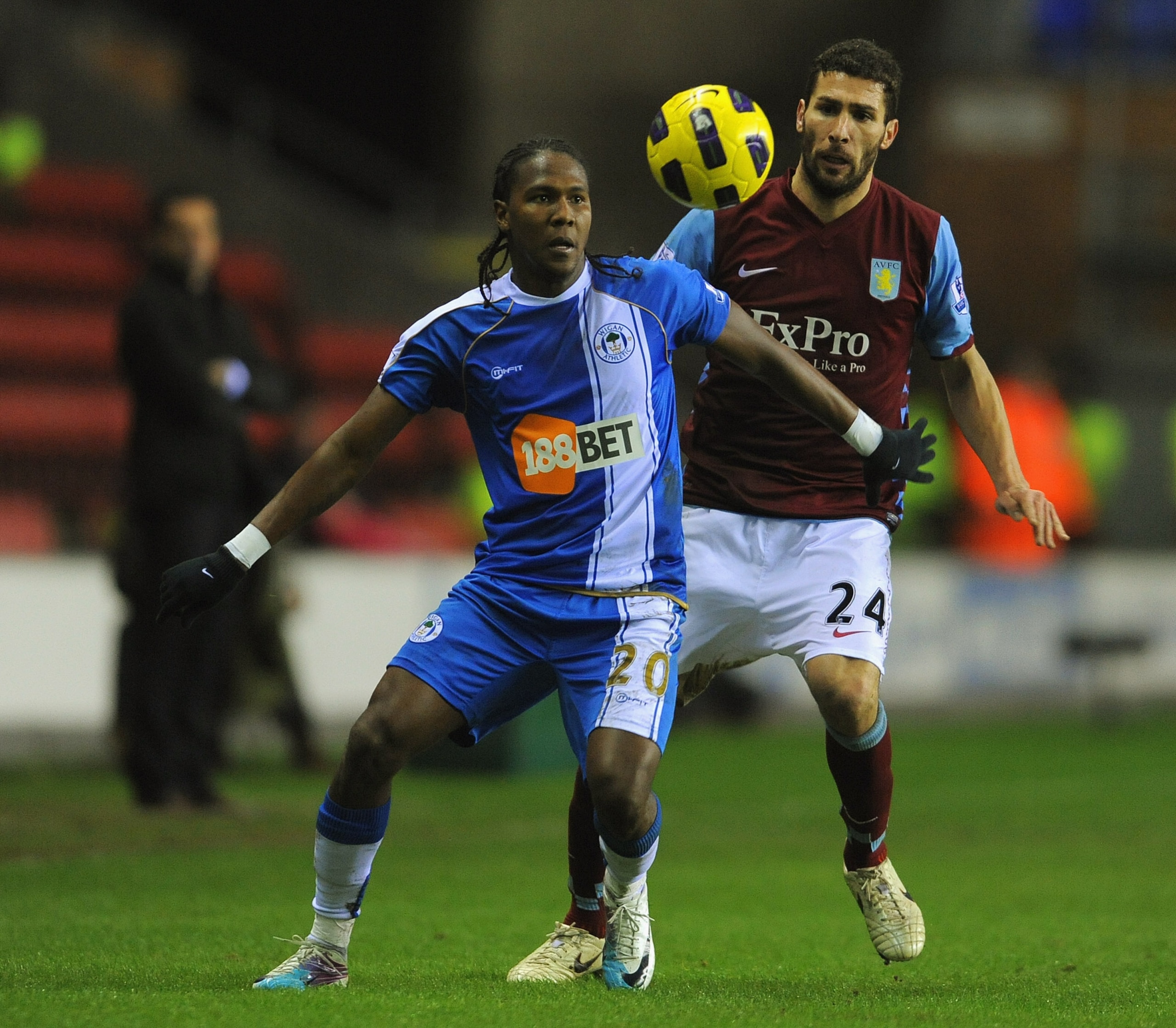 WIGAN, ENGLAND - JANUARY 25: Carlos Cuellar of Aston Villa battles Hugo Rodallega of Wigan during the Barclays Premier League match between Wigan Athletic and Aston Villa at the DW Stadium on January 25, 2011 in Wigan, England. (Photo by Michael Regan/ WIGAN, ENGLAND - JANUARY 25: Carlos Cuellar of Aston Villa battles Hugo Rodallega of Wigan during the Barclays Premier League match between Wigan Athletic and Aston Villa at the DW Stadium on January 25, 2011 in Wigan, England. (Photo by Michael Regan/