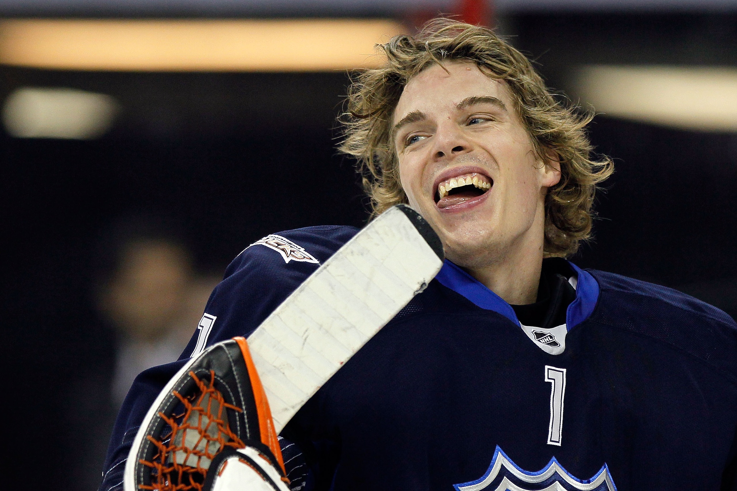 RALEIGH, NC - JANUARY 30:  Team Lidstrom player Jonas Hiller #1 of the Anaheim Ducks reacts as they play against Team Staal in the 58th NHL All-Star Game at RBC Center on January 30, 2011 in Raleigh, North Carolina.  (Photo by Kevin C. Cox/Getty Images)