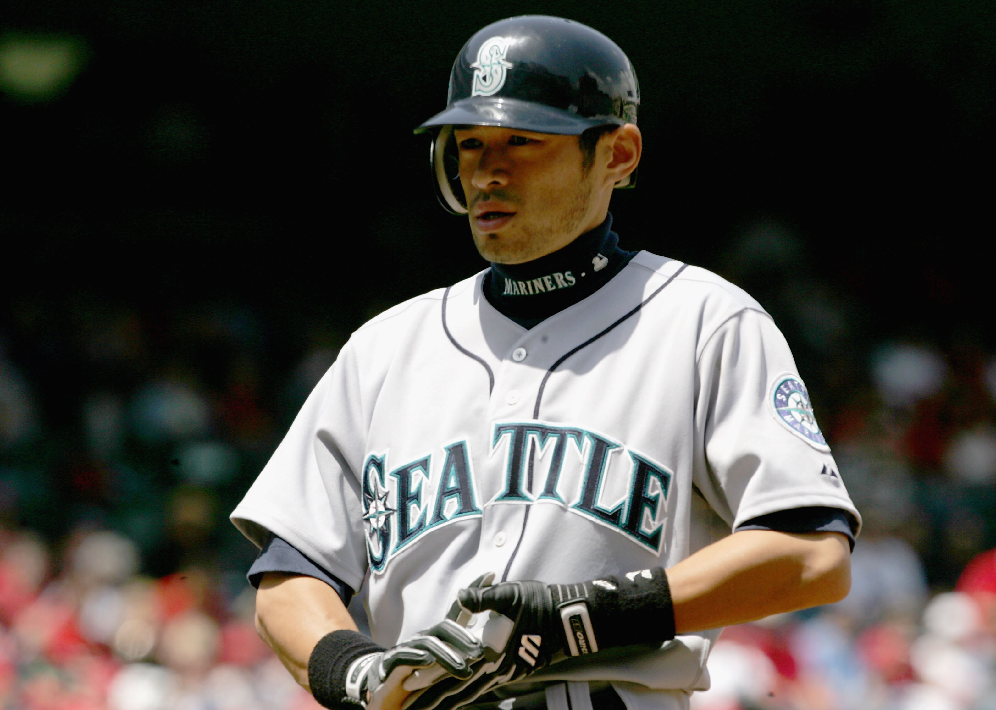ANAHEIM, CA - APRIL 19:  Ichiro Suzuki #51 of the Seattle Mariners stands at first base after walking in the first inning against the Los Angeles Angels of Anaheim on April 19, 2005 at Angel Stadium in Anaheim, California. The Marners defeated the Angels