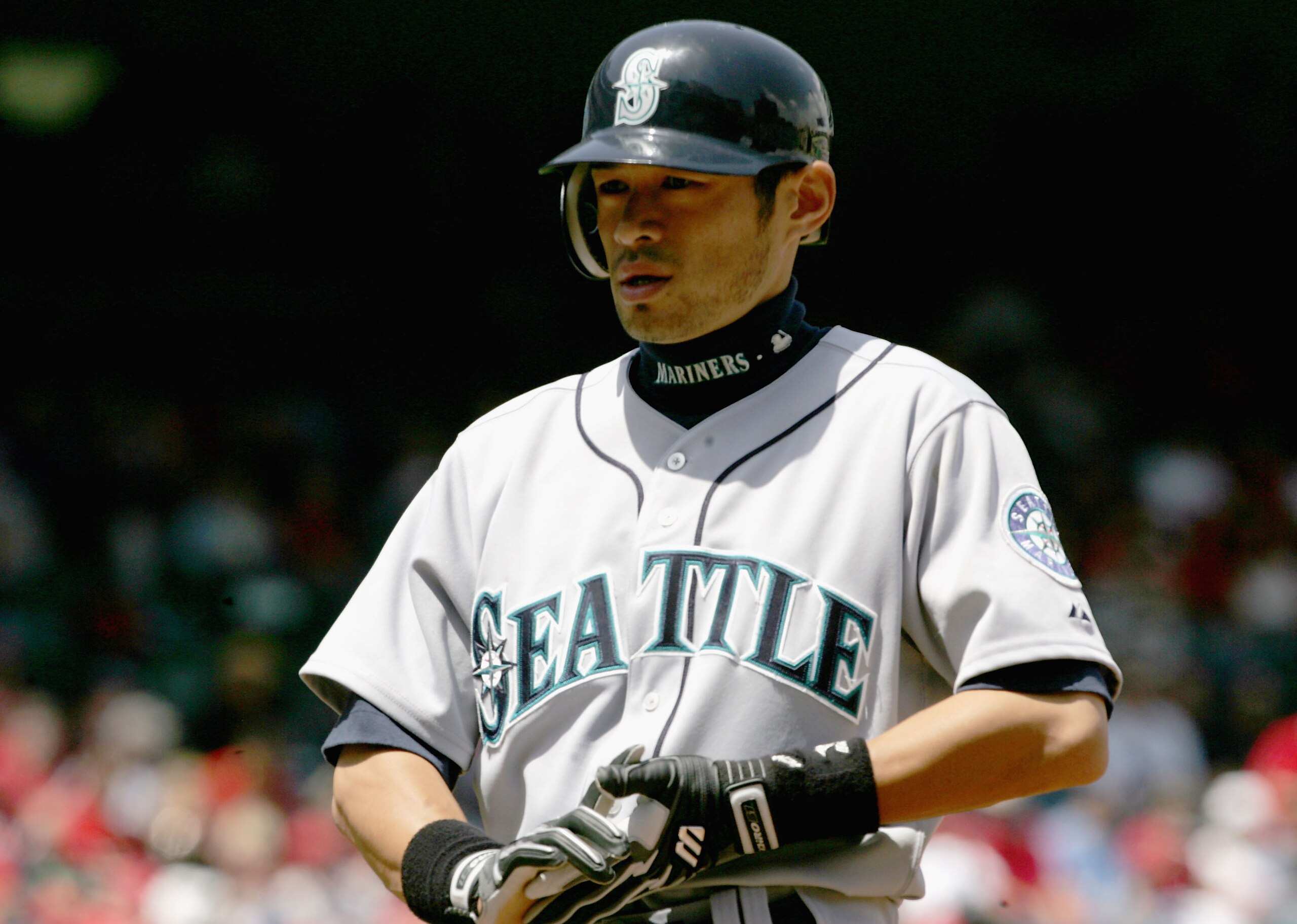 ANAHEIM, CA - APRIL 19:  Ichiro Suzuki #51 of the Seattle Mariners stands at first base after walking in the first inning against the Los Angeles Angels of Anaheim on April 19, 2005 at Angel Stadium in Anaheim, California. The Marners defeated the Angels