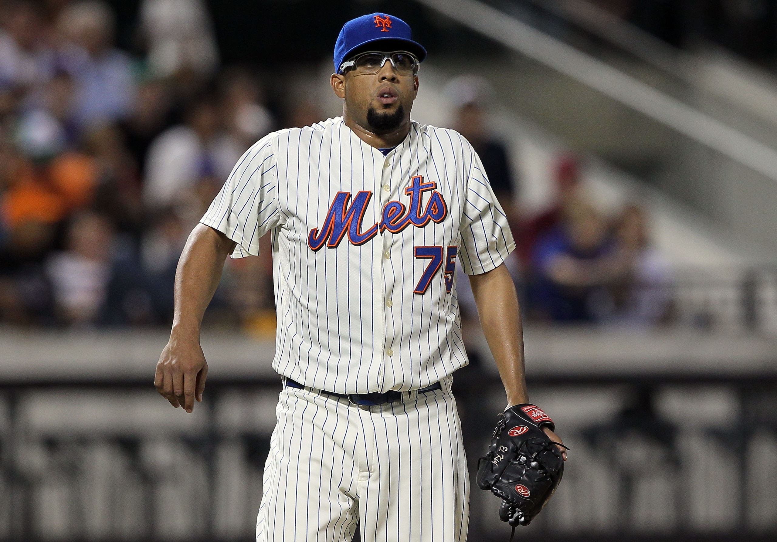 NEW YORK - AUGUST 14:  Francisco Rodriguez #75 of the New York Mets looks on after pitching in the ninth inning against the Philadelphia Phillies on August 14, 2010 at Citi Field in the Flushing neighborhood of the Queens borough of New York City. The Phi