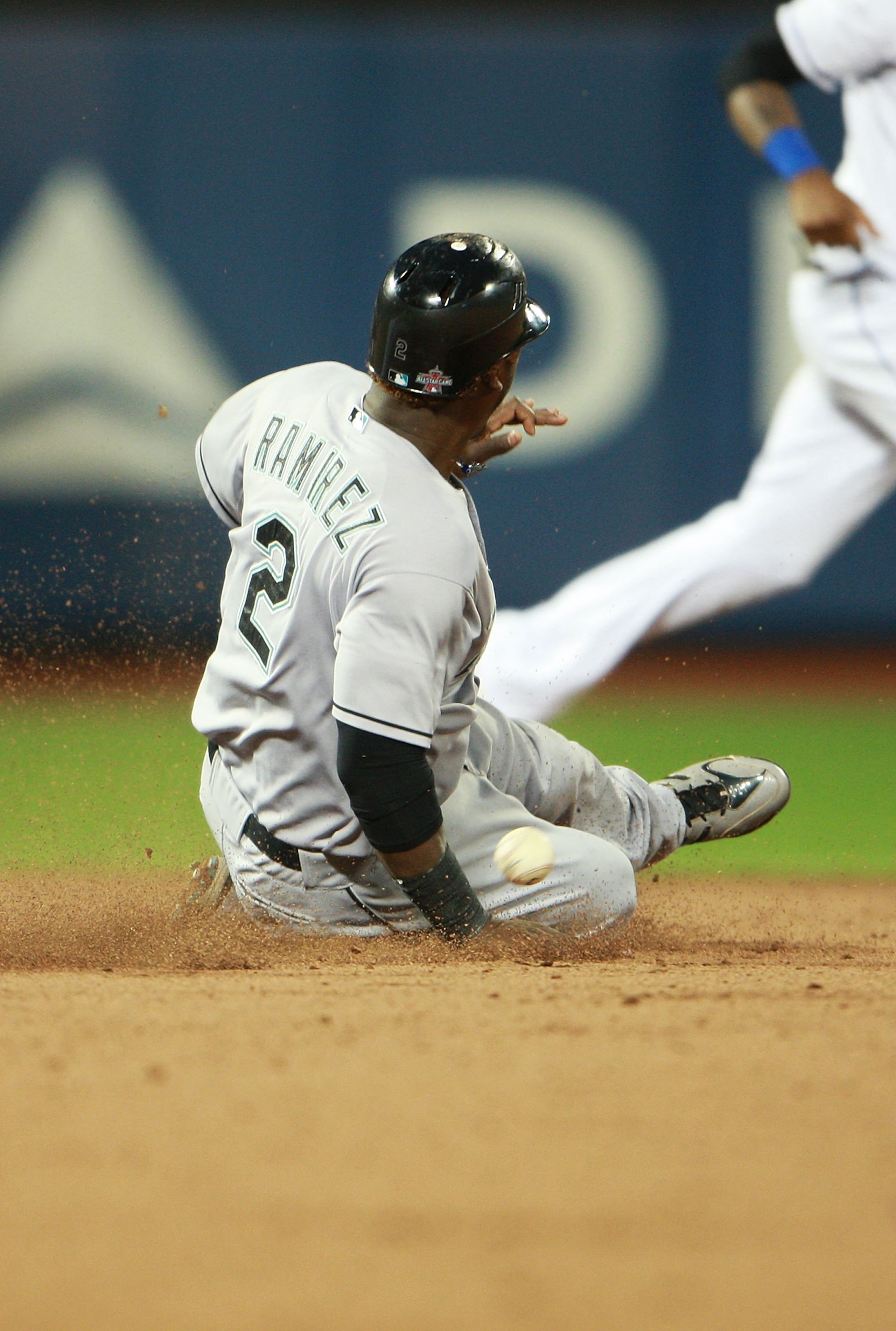NEW YORK - AUGUST 25:  Hanley Ramirez #2 of the Florida Marlins  successfully steals second base, and went onto steal third base on the same play, in the third inning against the New York Mets on August 25, 2010 at Citi Field in the Flushing neighborhood