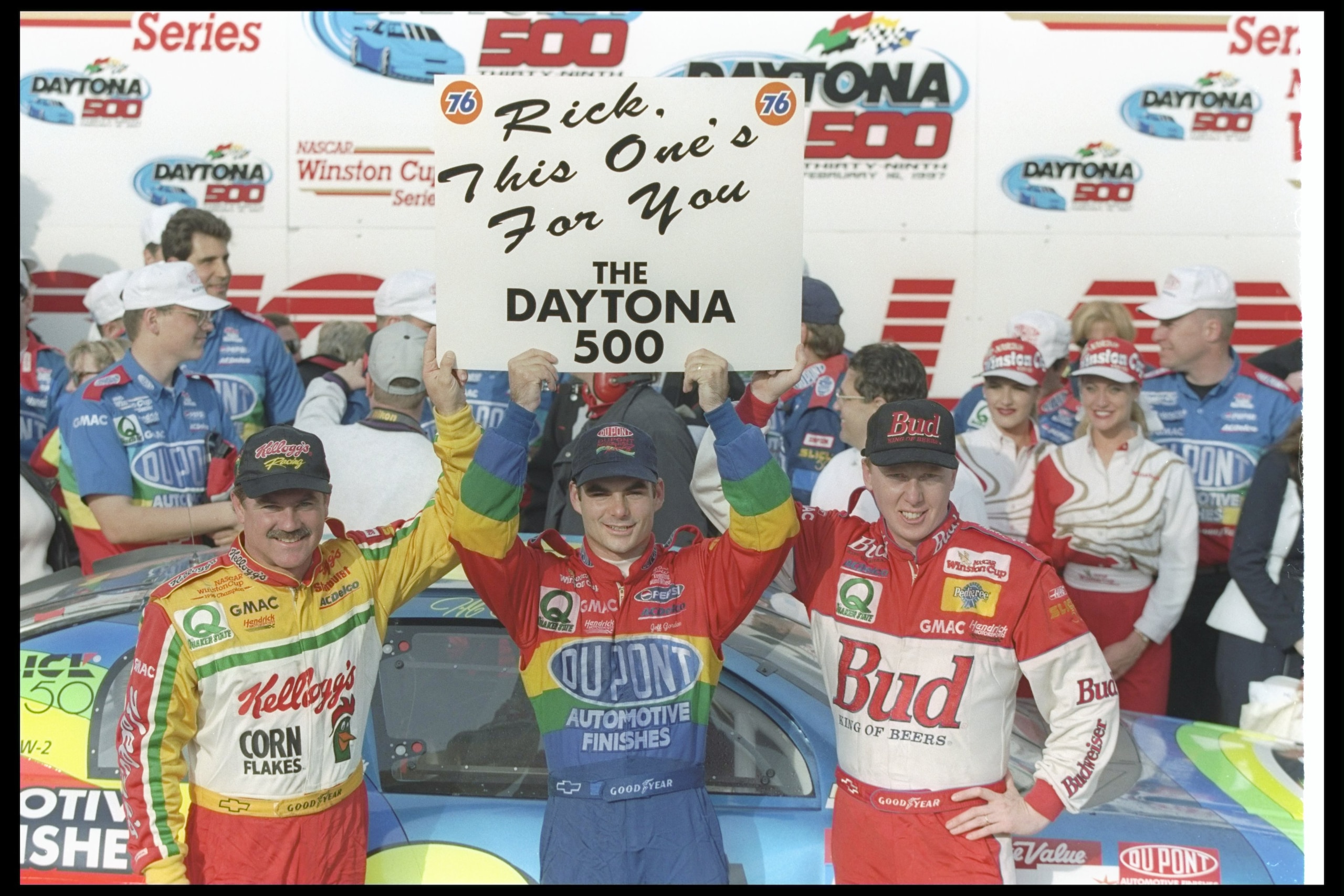 16 Feb 1997:  The three drivers of Hendrick Motorsports, Jeff Gordon (center), Terry Labonte (left), and Ricky Craven celebrate after finishing 1-2-3 in the NASCAR Daytona 500 at Daytona International Speedway in Daytona Beach, Florida. Mandatory Credit: