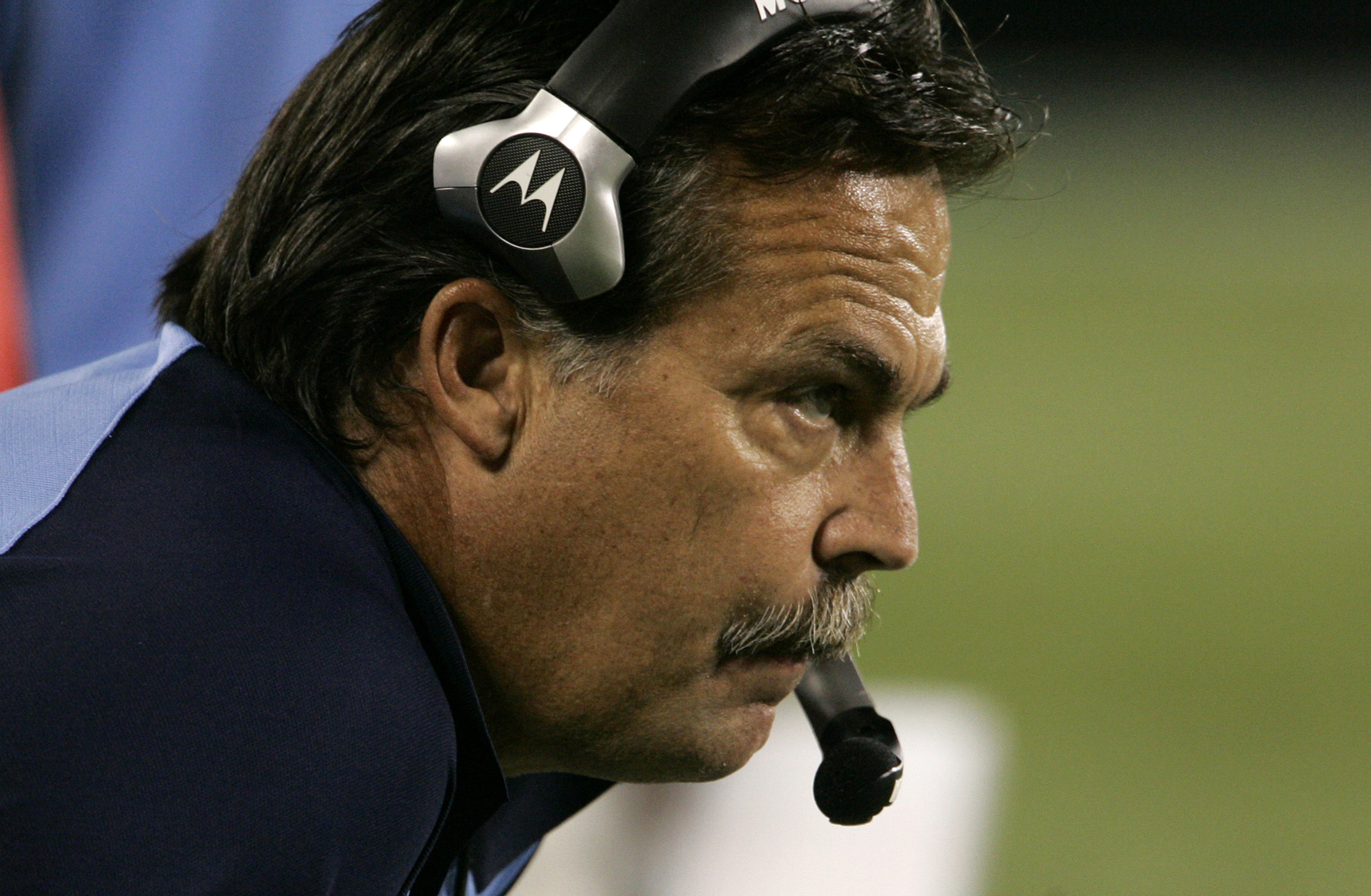 CHARLOTTE, NC - AUGUST 28: Jeff Fisher of the Tennessee Titans watches his team during their preseason game against the Carolina Panthers at Bank of America Stadium on August 28, 2010 in Charlotte, North Carolina. (Photo by Mary Ann Chastain/Getty Image