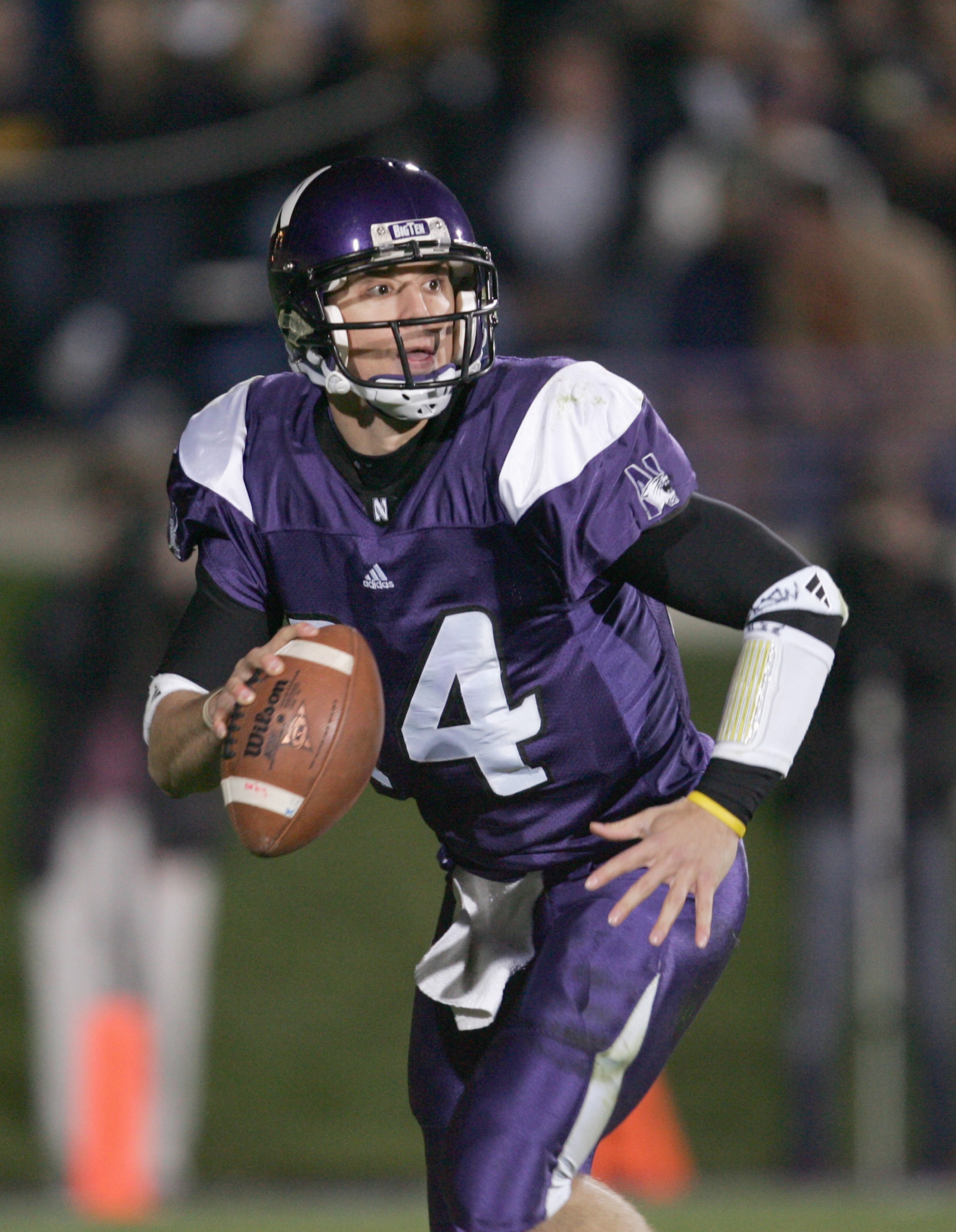 EVANSTON, IL - OCTOBER 29: Quarterback Brett Basanez #14 of the Northwestern Wildcats looks to pass during the game against the Michigan Wolverines on October 29, 2005 at Ryan Field at Northwestern University in Evanston, Illinois. Michigan defeated North