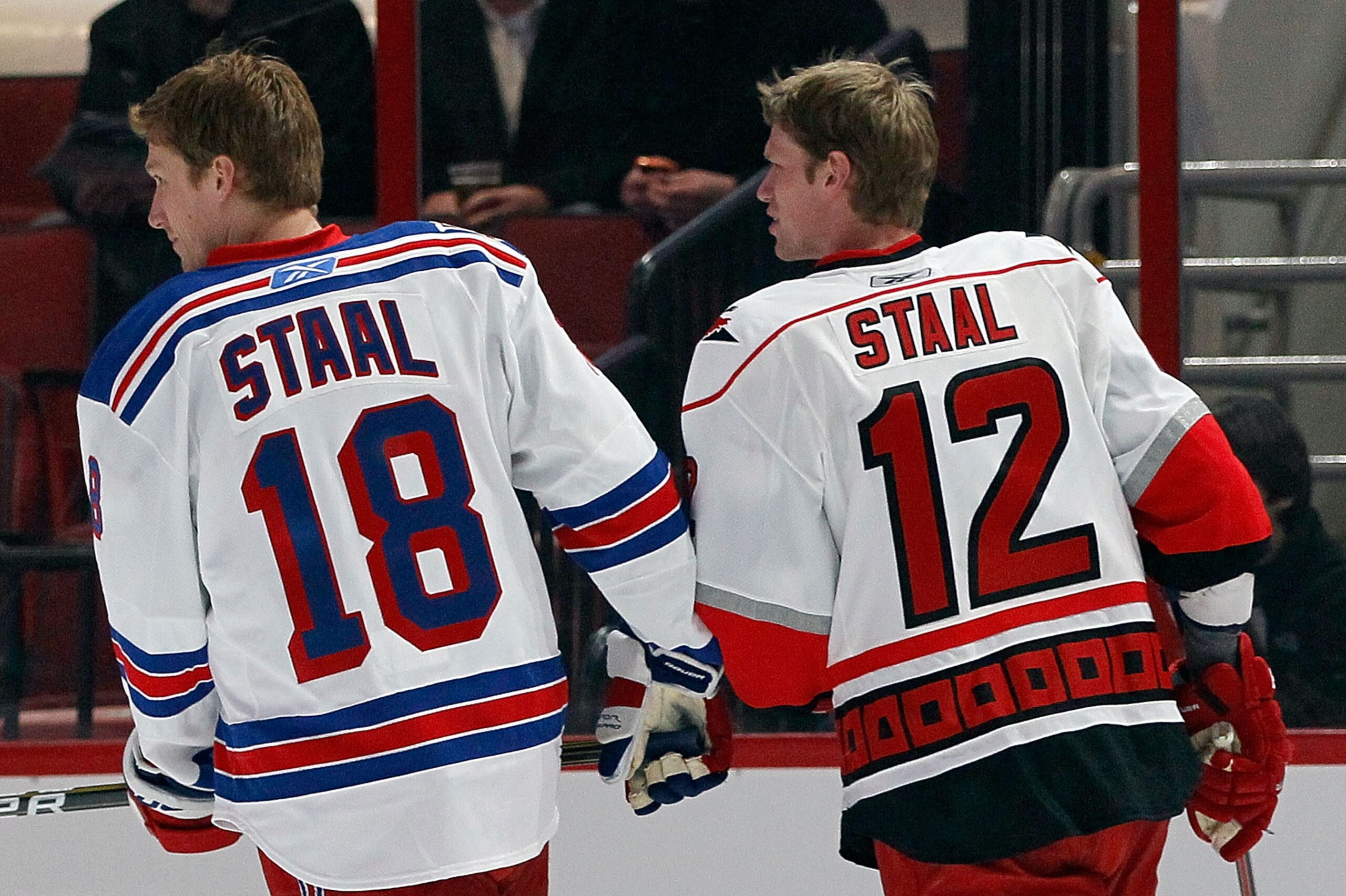 RALEIGH, NC - JANUARY 29:  Marc Staal #18 of the New York Rangers and Eric Staal #12 of the Carolina Hurricanes skate on the ice before the Honda NHL SuperSkills competition part of 2011 NHL All-Star Weekend at the RBC Center on January 29, 2011 in Raleig