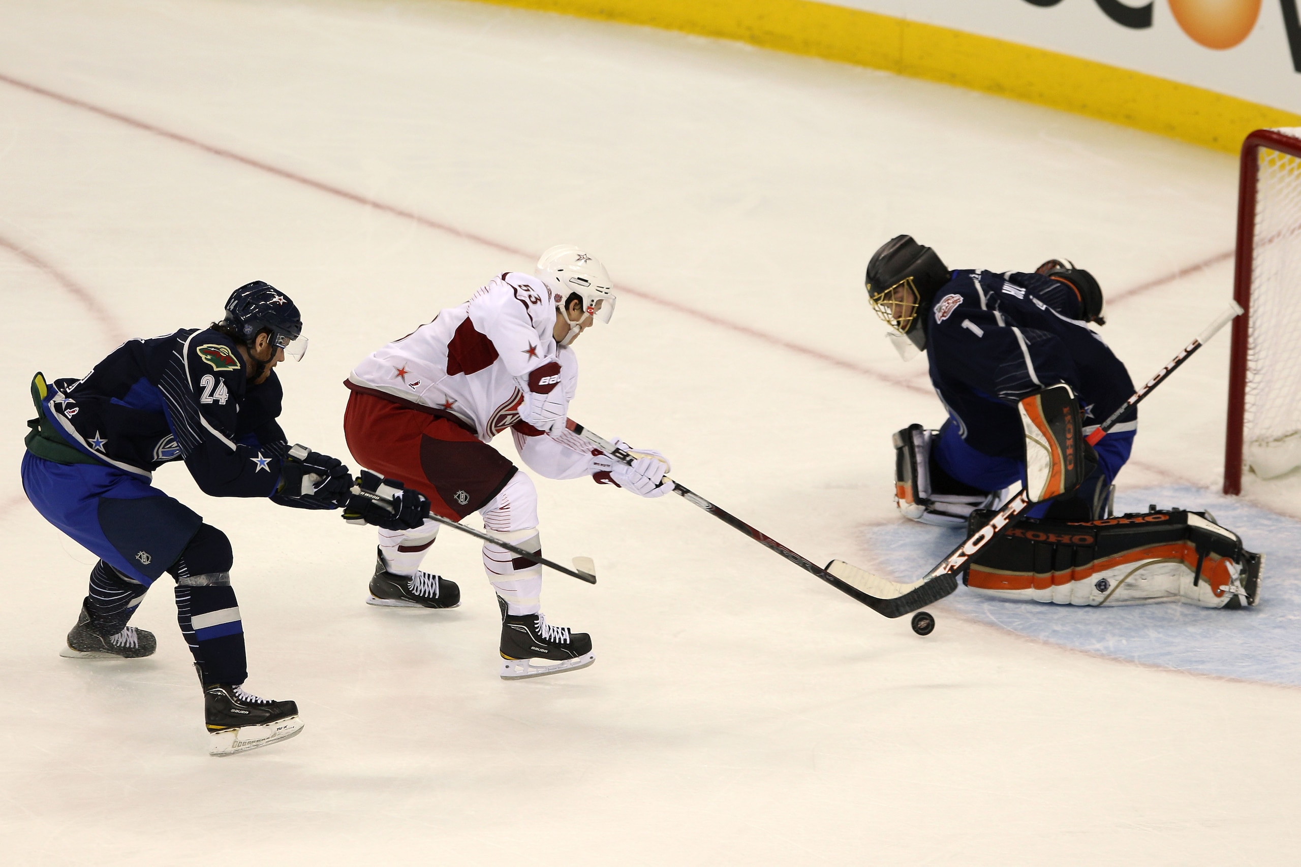 RALEIGH, NC - JANUARY 30:  Jeff Skinner #53 of the Carolina Hurricanes for Team Staal makes a move on Jonas Hiller #1 of the Anaheim Ducks for Team Lidstrom on an attempt to score in the 58th NHL All-Star Game at RBC Center on January 30, 2011 in Raleigh,