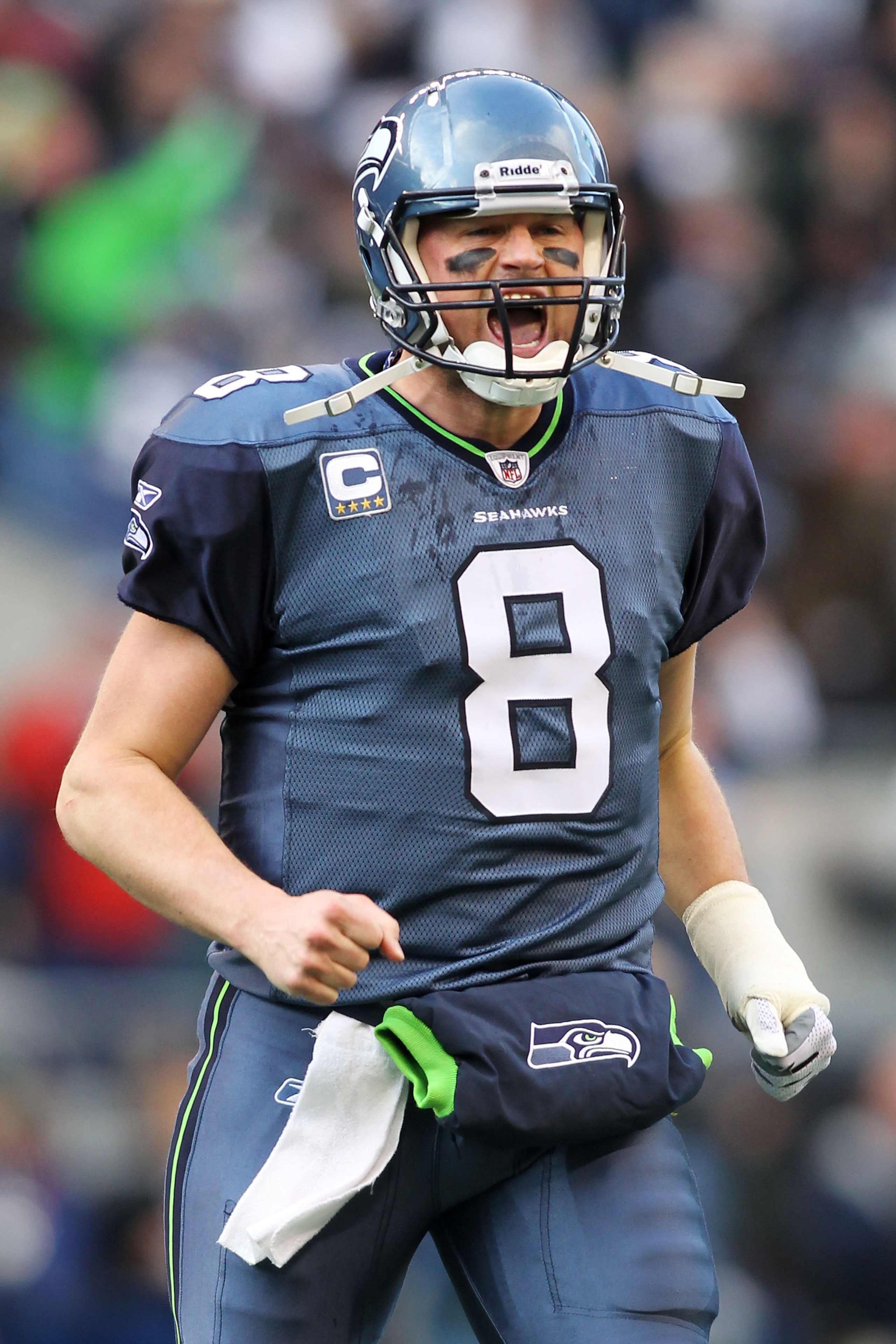 SEATTLE, WA - JANUARY 08:  Matt Hasselbeck #8 of the Seattle Seahawks reacts during their game against the New Orleans Saints during the 2011 NFC wild-card playoff game at Qwest Field on January 8, 2011 in Seattle, Washington.  (Photo by Jonathan Ferrey/G
