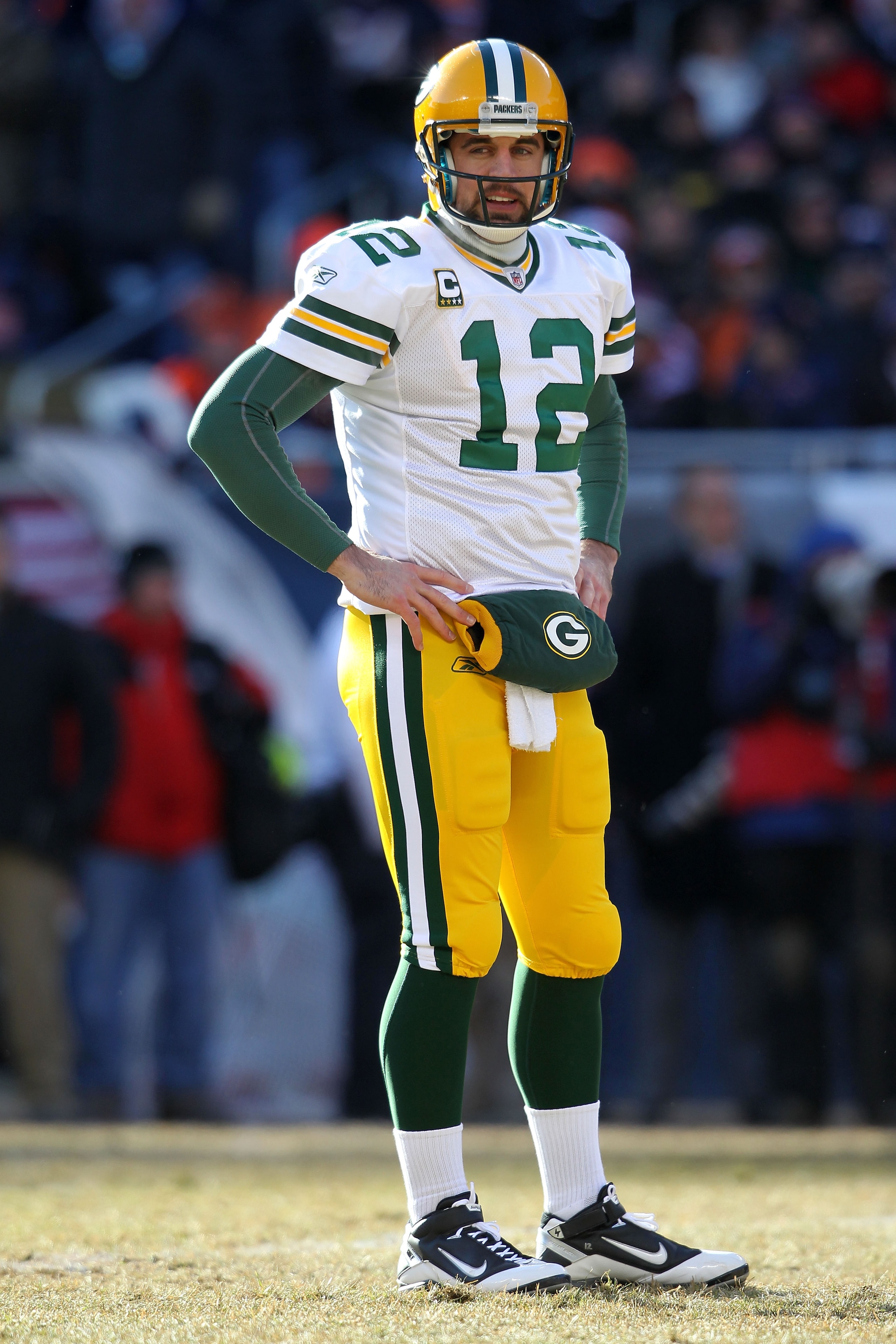 CHICAGO, IL - JANUARY 23:  Quarterback Aaron Rodgers #12 of the Green Bay Packers looks on against the Chicago Bears in the NFC Championship Game at Soldier Field on January 23, 2011 in Chicago, Illinois.  (Photo by Andy Lyons/Getty Images)