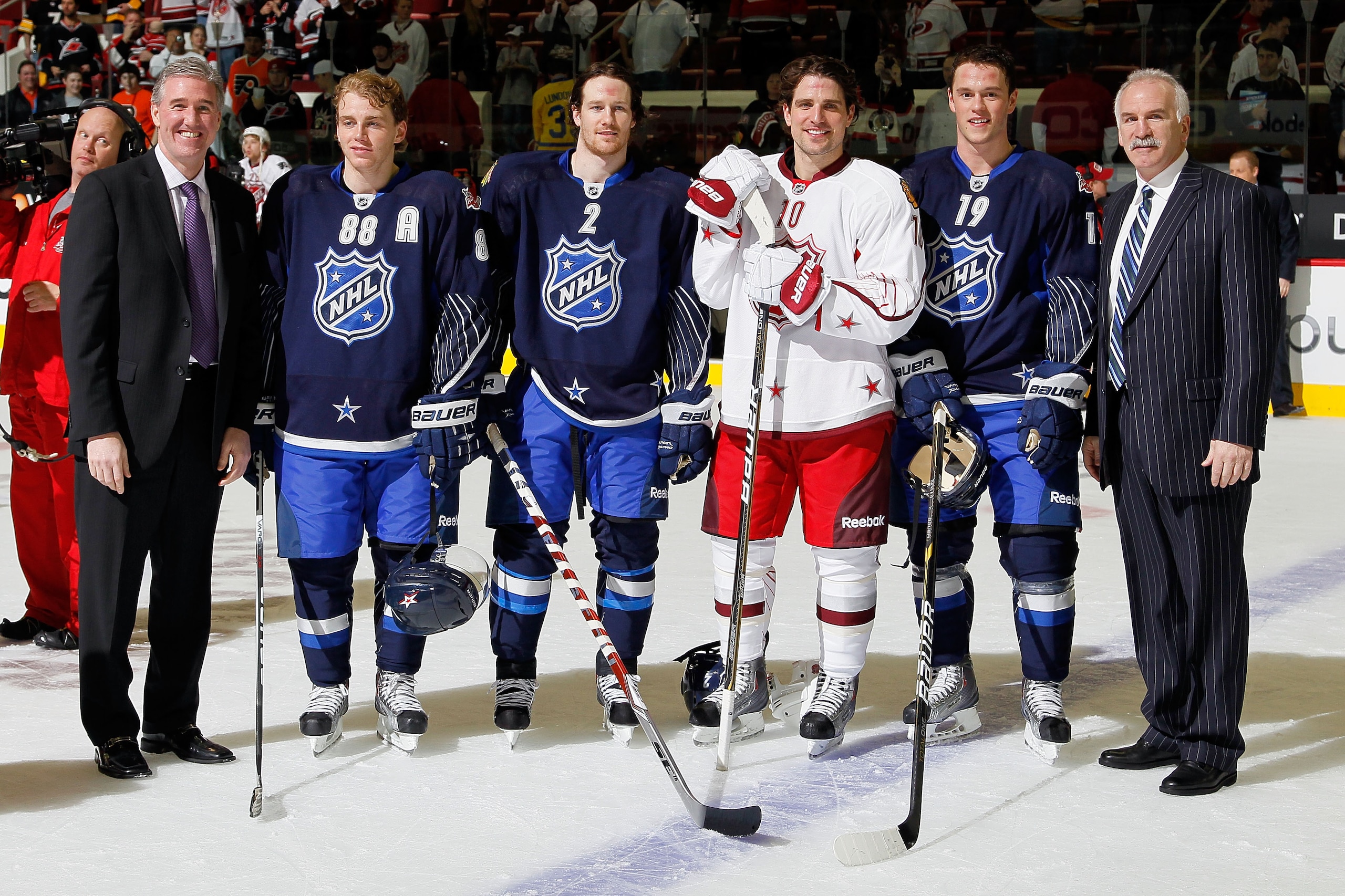 RALEIGH, NC - JANUARY 30:  Assistant coach Mike Haviland, Patrick Kane #88, Duncan Keith #2, Patrick Sharp #10 and Jonathan Toews #19, head coach Joel Quenneville of the Chicago Blackhawks pose after Team Lidstrom defeated Team Staal 11 to 10 in the 58th