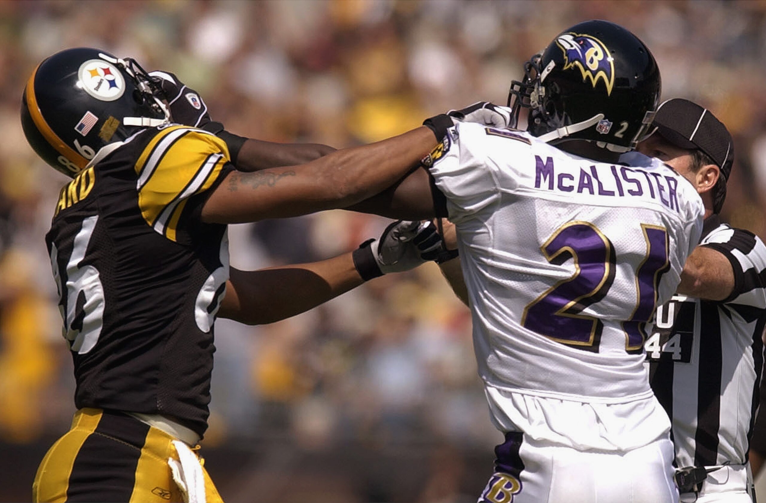 PITTSBURGH - SEPTEMBER 7:  Wide receiver Hines Ward #36 of the Pittsburgh Steelers fights with cornerback Chris McAlister of the Baltimore Ravens on September 7, 2003 at Heinz Field in Pittsburgh, Pennsylvania.  The Steelers defeated the Ravens 34-15. (Ph