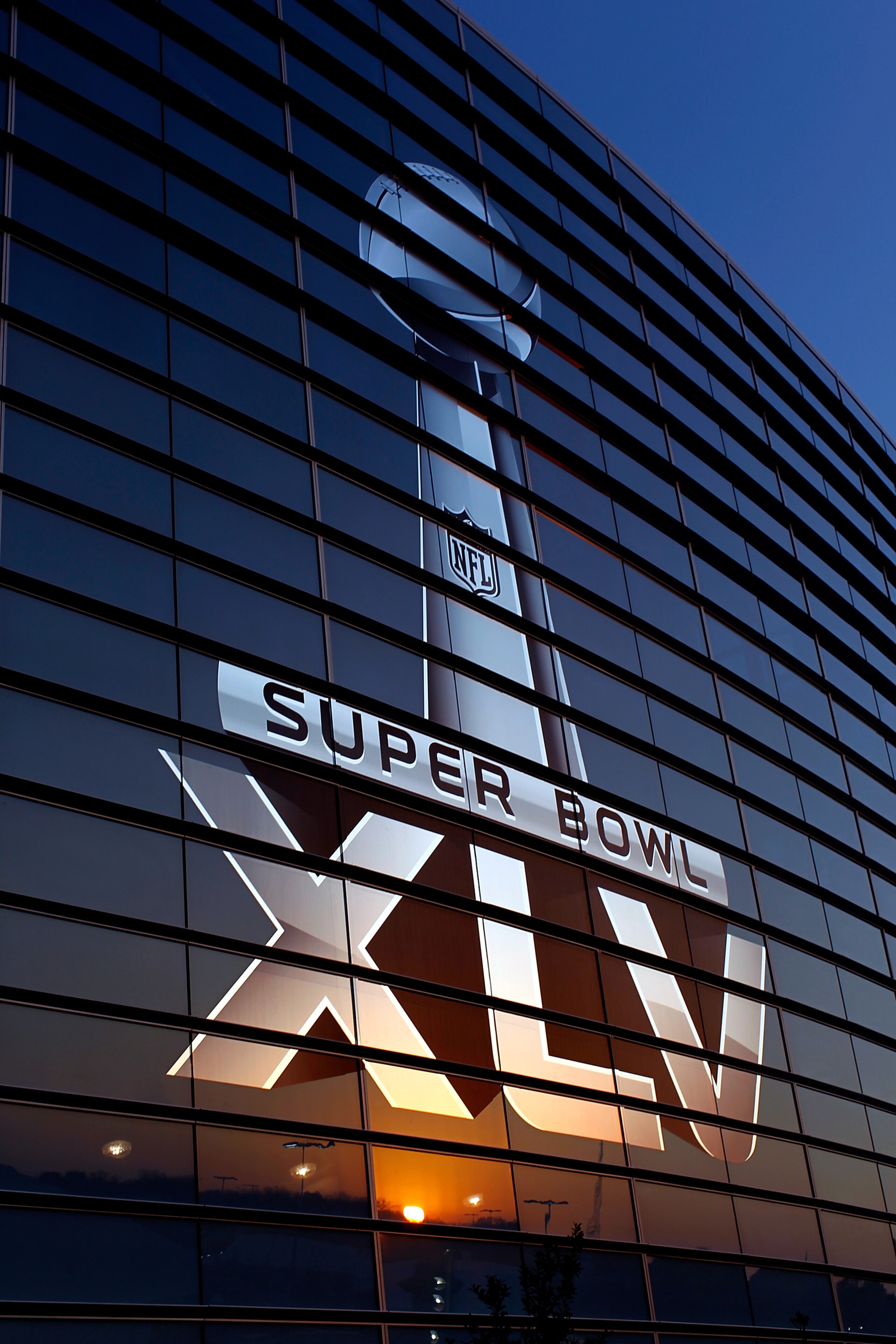 ARLINGTON, TX - JANUARY 30:  The logo for Super Bowl XLV outside of Cowboys Stadium on January 30, 2011 in Arlington, Texas. Cowboys Stadium will host Super Bowl XLV on February 6, 2011 between the Pittsburgh Steelers and the Green Bay Packers in Arlingto