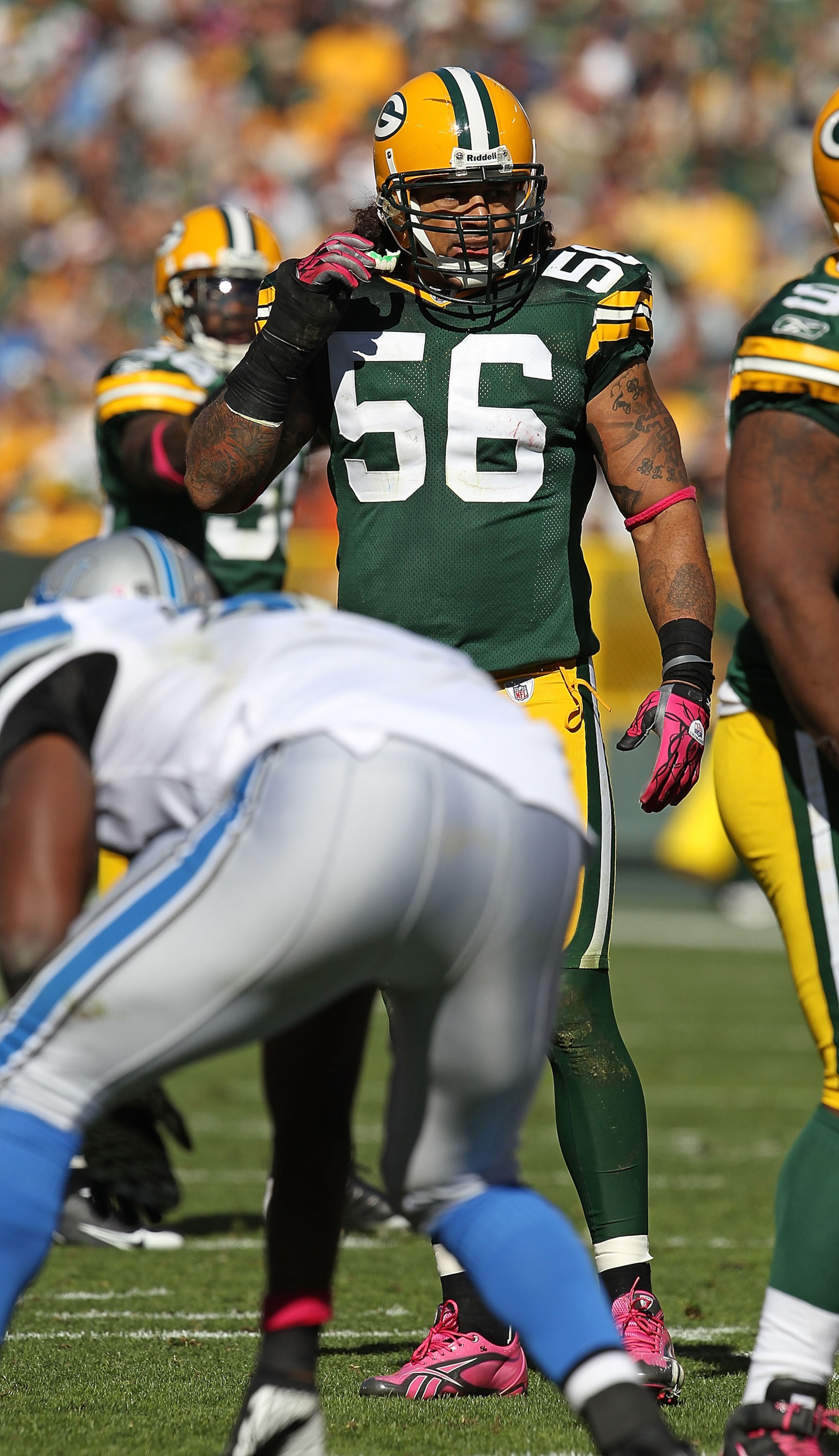 GREEN BAY, WI - OCTOBER 03: Nick Barnett #56 of the Green Bay Packers awaits the start of play against the Detroit Lions at Lambeau Field on October 3, 2010 in Green Bay, Wisconsin. The Packers defeated the Lions 28-26. (Photo by Jonathan Daniel/Getty Ima