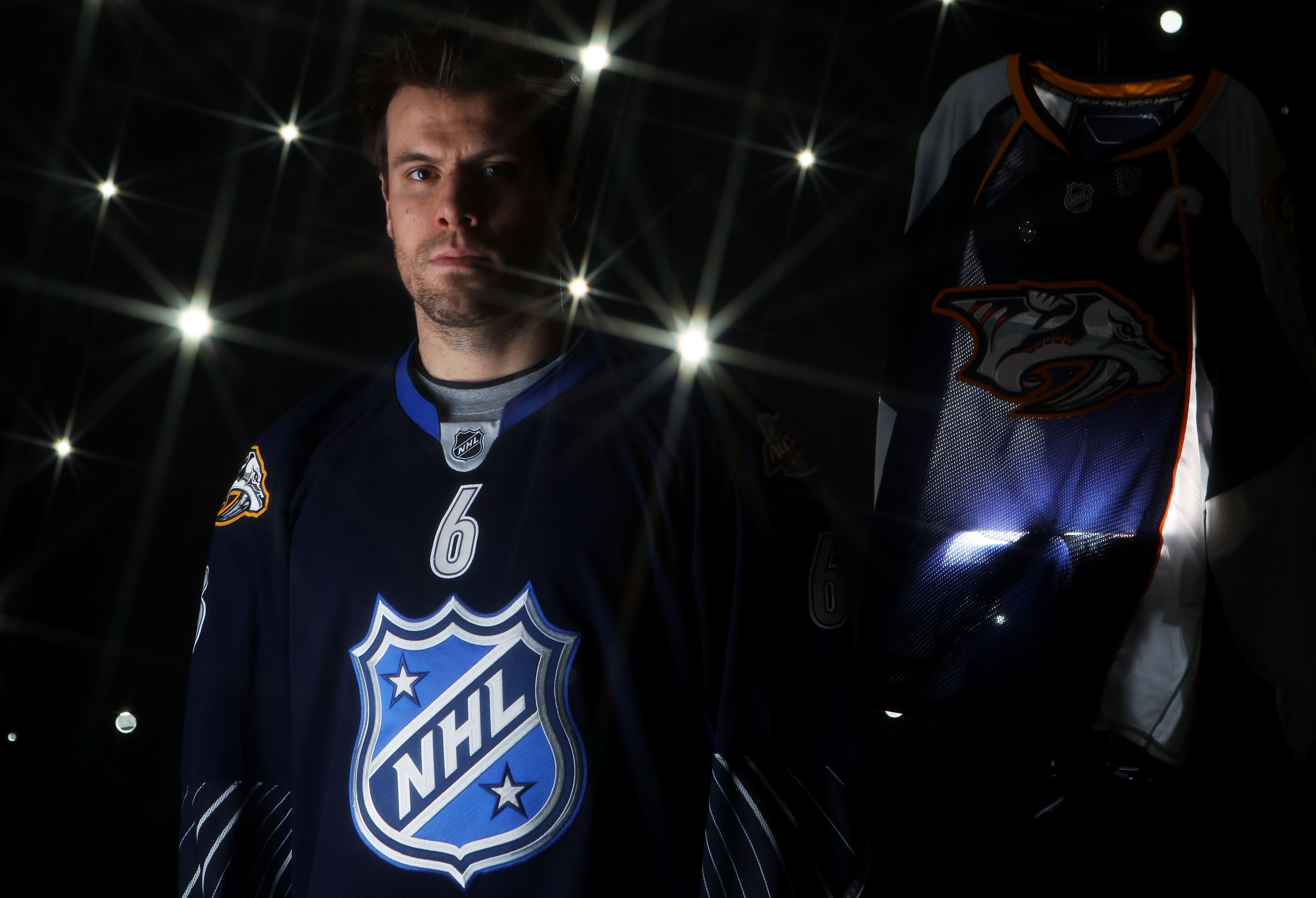 RALEIGH, NC - JANUARY 30:  (EDITORS NOTE: A special effects camera filter was used for this image.) Shea Weber #6 of the Nashville Predators for Team Lidstrom poses for a portrait before the 58th NHL All-Star Game at RBC Center on January 30, 2011 in Rale