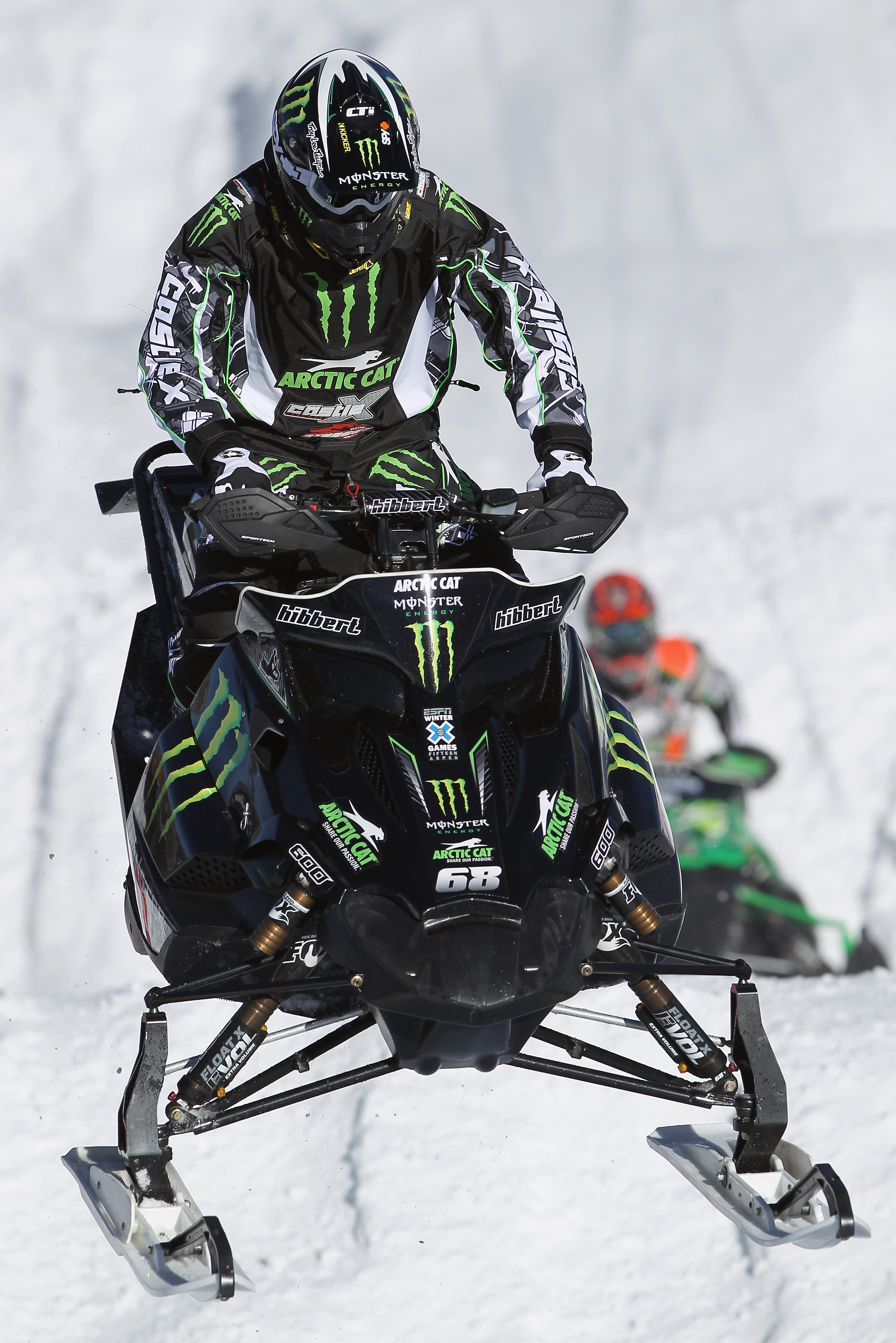 ASPEN, CO - JANUARY 29: Tucker Hibbert of Pelican Rapids, Minnesots practices for the Snowmobile SnoCross during Winter X Games 15 at Buttermilk Mountain on January 29, 2011 in Aspen, Colorado. Hibbert will compete for his sixth gold medal in the event o