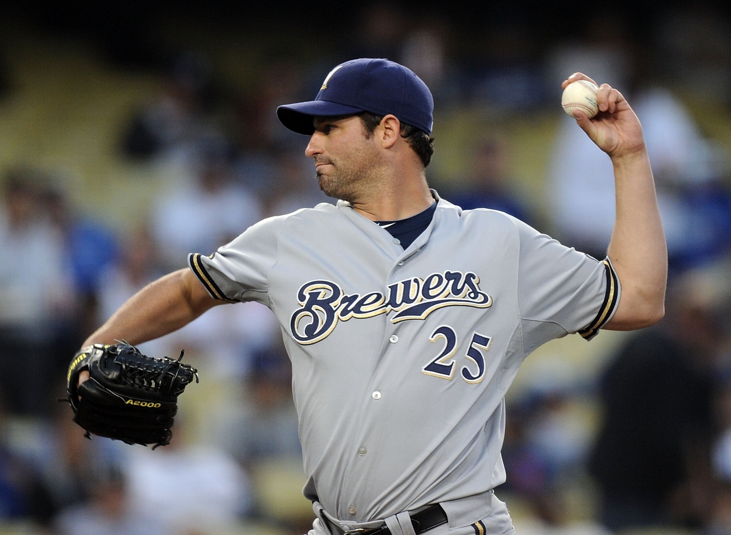 LOS ANGELES, CA - MAY 05:  Doug Davis #25 of the Milwaukee Brewers pitches against the Los Angeles Dodgers during the first inning at Dodger Stadium on May 5, 2010 in Los Angeles, California.  (Photo by Harry How/Getty Images)