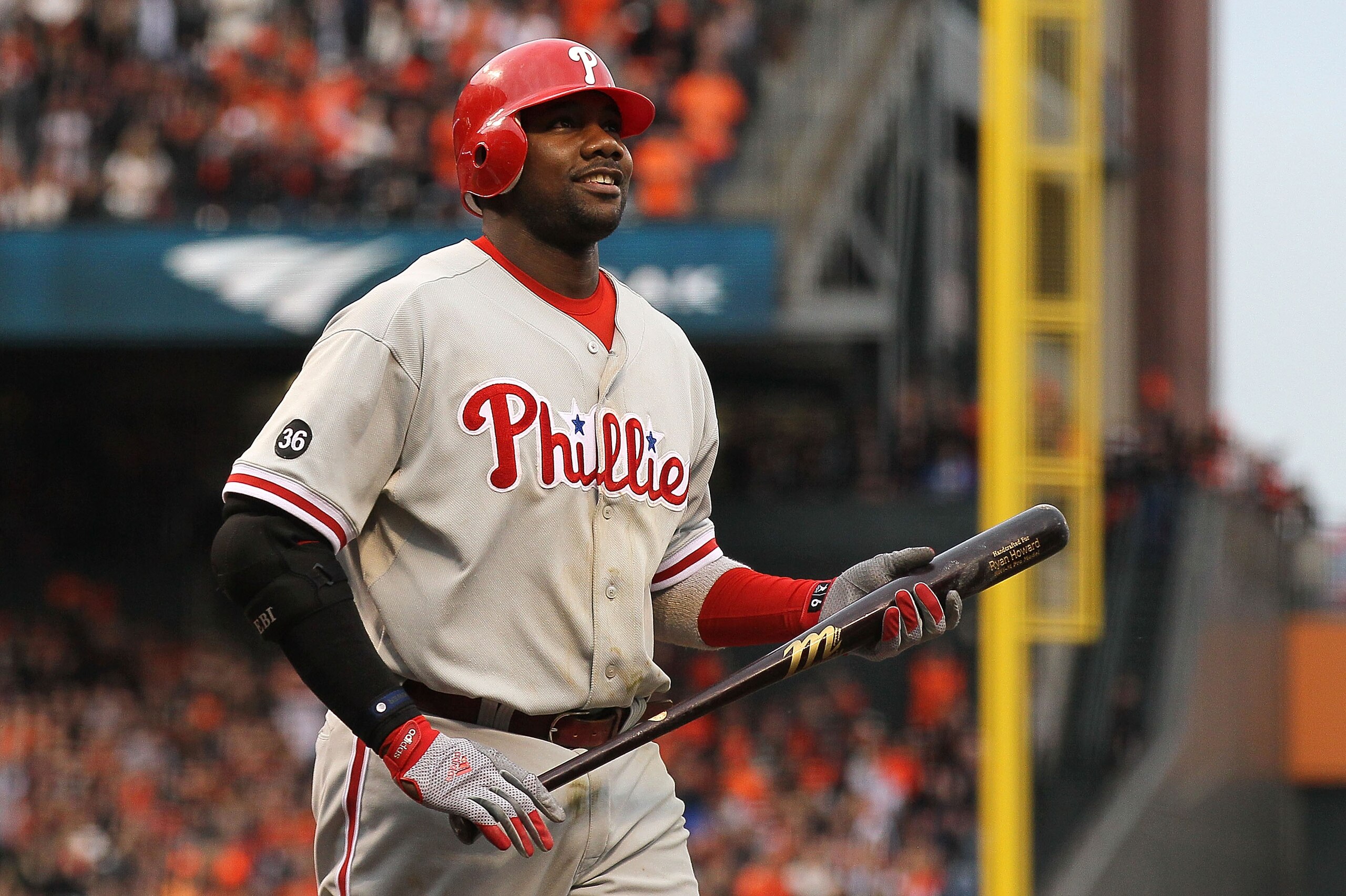 SAN FRANCISCO - OCTOBER 21:  Ryan Howard #6 of the Philadelphia Phillies reacts after striking out against the San Francisco Giants in Game Five of the NLCS during the 2010 MLB Playoffs at AT&T Park on October 21, 2010 in San Francisco, California.  (Phot