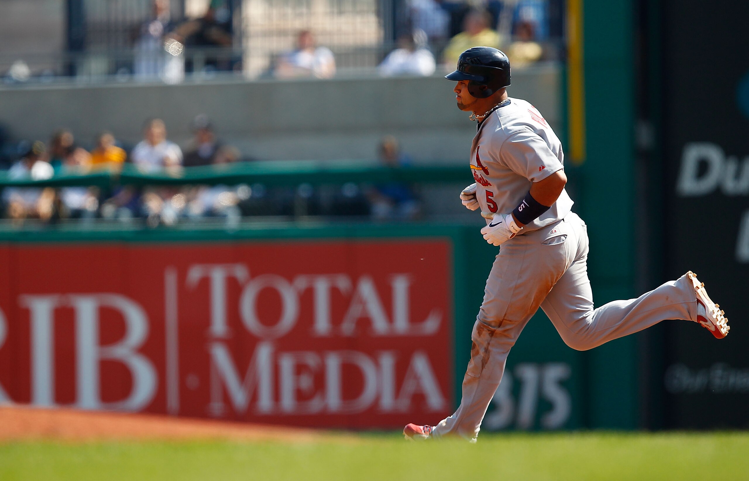 PITTSBURGH - SEPTEMBER 23:  Albert Pujols #5 of the St Louis Cardinals rounds the bases after hitting his second home run of the game against the Pittsburgh Pirates during the game on September 23, 2010 at PNC Park in Pittsburgh, Pennsylvania.  (Photo by 