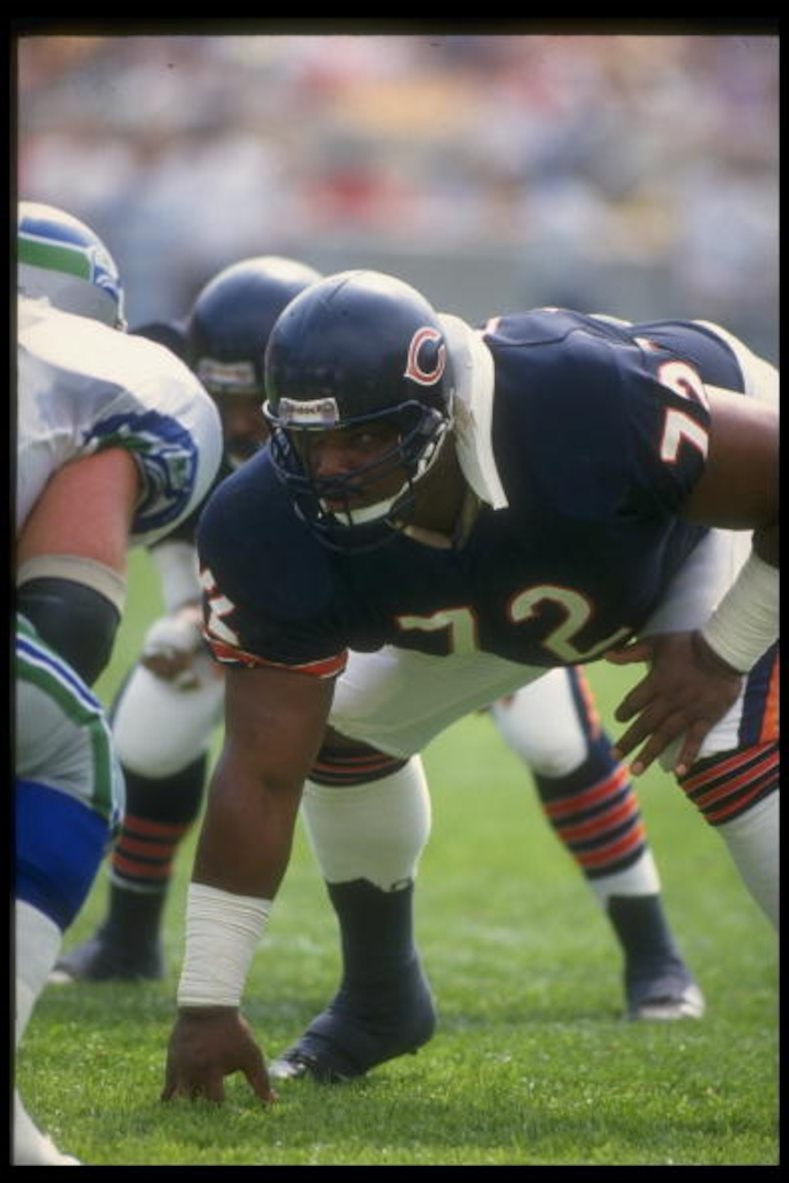 9 Sep 1990: Defensive lineman William Perry of the Chicago Bears in his stance during a game against the Seattle Seahawks at Soldier Field in Chicago, Illinois. The Bears won the game, 17-0.