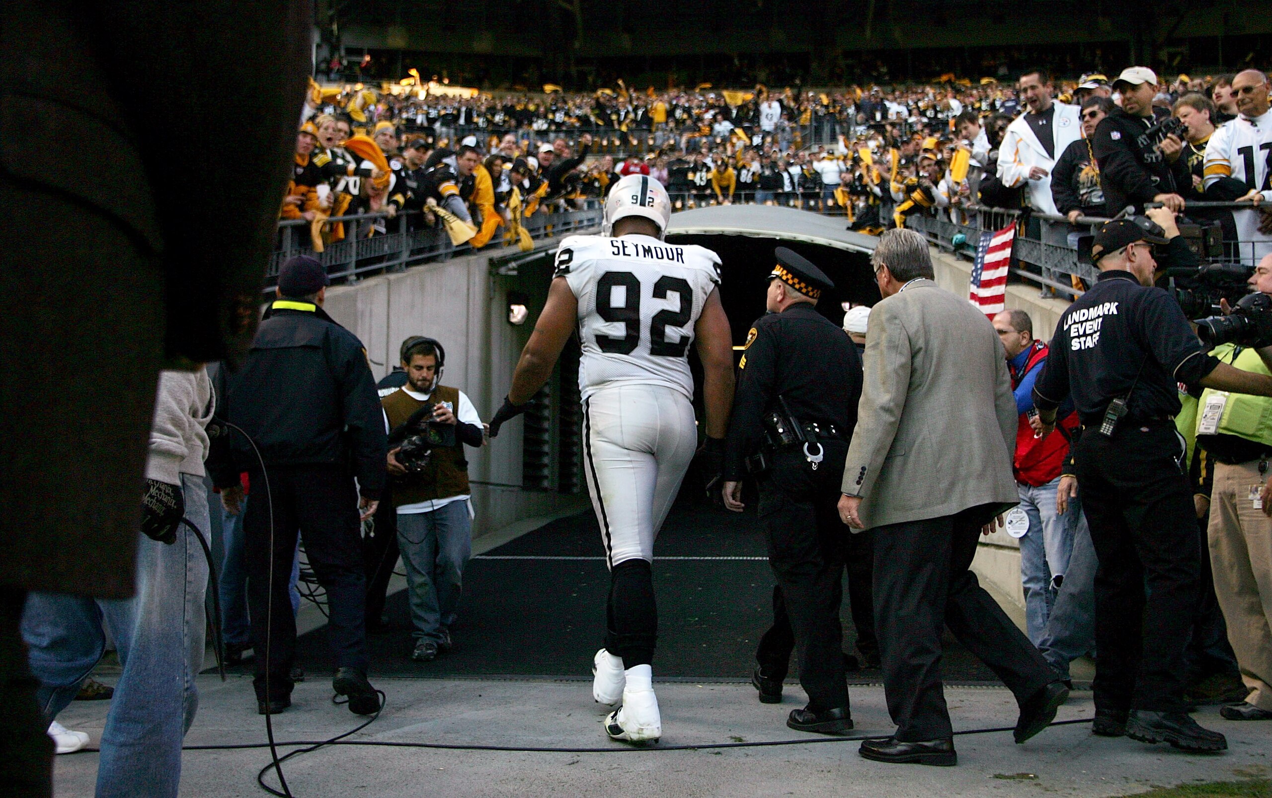 PITTSBURGH, PA - NOVEMBER 21: Richard Seymour #92 of the Oakland Raiders is escorted out of the stadium after being ejected for hitting Ben Roethlisberger #7 of the Pittsburgh Steelers during the game on November 21, 2010 at Heinz Field in Pittsburgh, Pe PITTSBURGH, PA - NOVEMBER 21: Richard Seymour #92 of the Oakland Raiders is escorted out of the stadium after being ejected for hitting Ben Roethlisberger #7 of the Pittsburgh Steelers during the game on November 21, 2010 at Heinz Field in Pittsburgh, Pe