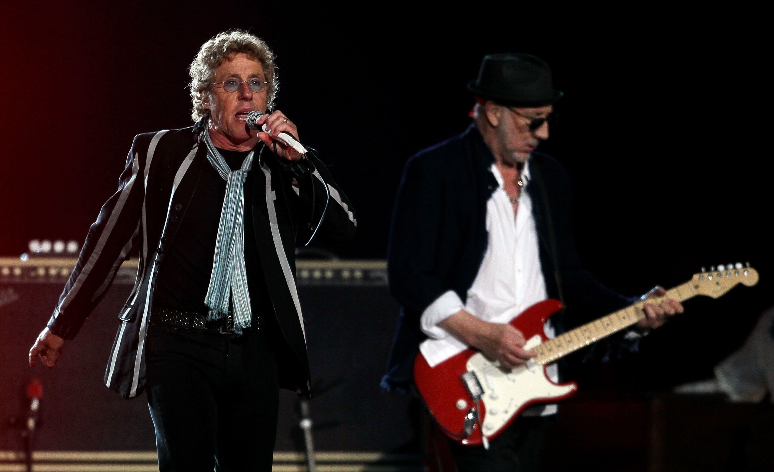 MIAMI GARDENS, FL - FEBRUARY 07:  Musician Roger Daltrey and Pete Townshend of The Who perform at halftime of Super Bowl XLIV between the Indianapolis Colts and the New Orleans Saints on February 7, 2010 at Sun Life Stadium in Miami Gardens, Florida.  (Ph