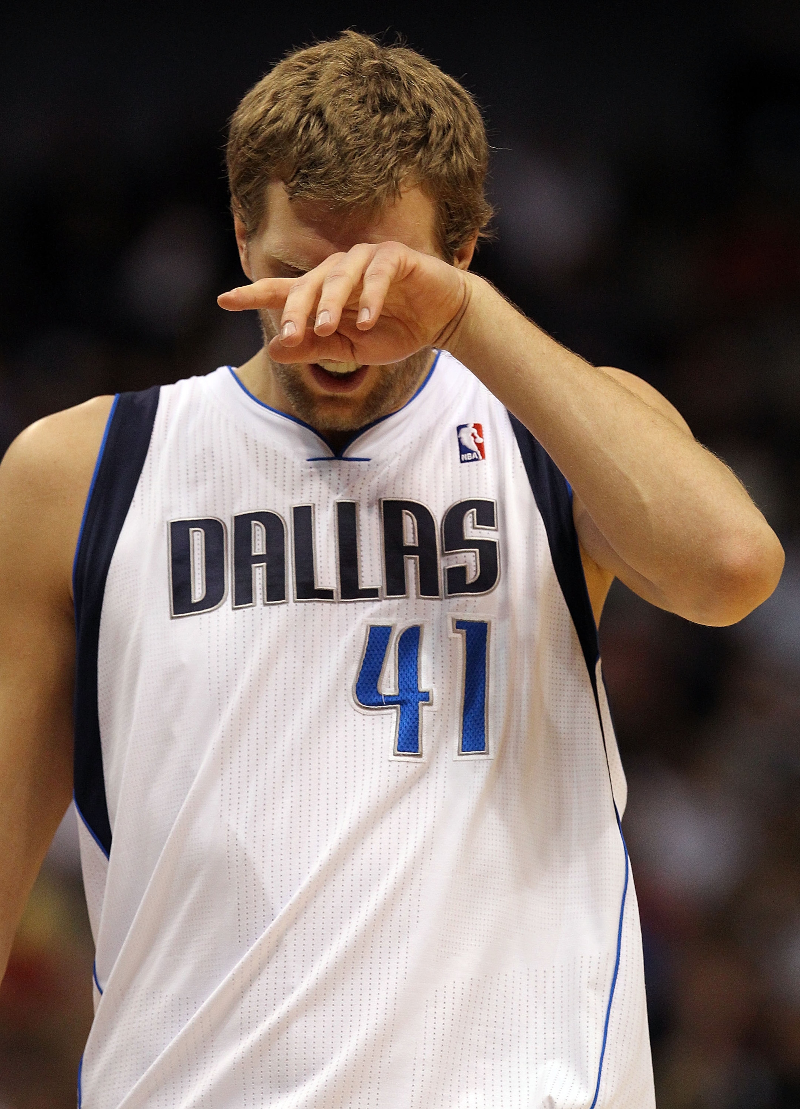 DALLAS, TX - JANUARY 25:  Forward Dirk Nowitzki #41 of the Dallas Mavericks holds his eye after being hit during play against the Los Angeles Clippers at American Airlines Center on January 25, 2011 in Dallas, Texas.  NOTE TO USER: User expressly acknowle