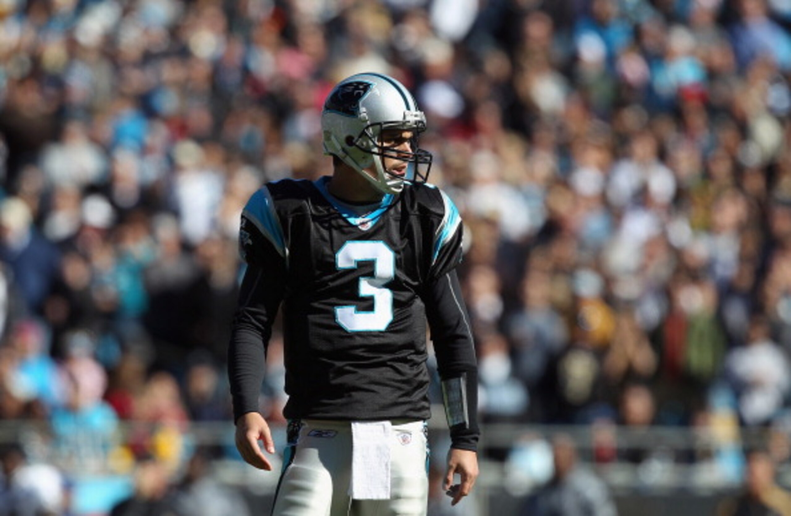 CHARLOTTE, NC - NOVEMBER 07:  Matt Moore #3 of the Carolina Panthers sits on the bench against the New Orleans Saints during their game at Bank of America Stadium on November 7, 2010 in Charlotte, North Carolina.  (Photo by Streeter Lecka/Getty Images)