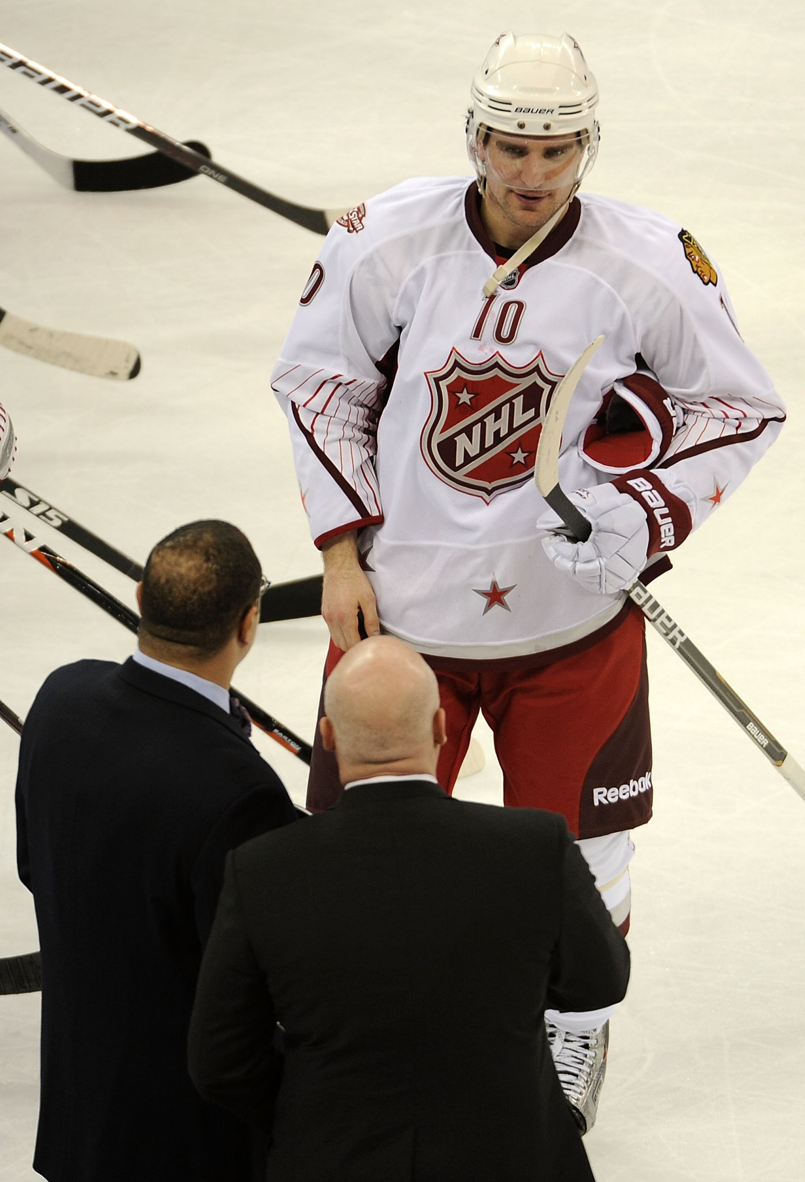 RALEIGH, NC - JANUARY 30:  Team Staal player Patrick Sharp #10 of the Chicago Blackhawks is awarded the MVP award after Team Staal played Team Lidstrom in the 58th NHL All-Star Game at RBC Center on January 30, 2011 in Raleigh, North Carolina.  (Photo by