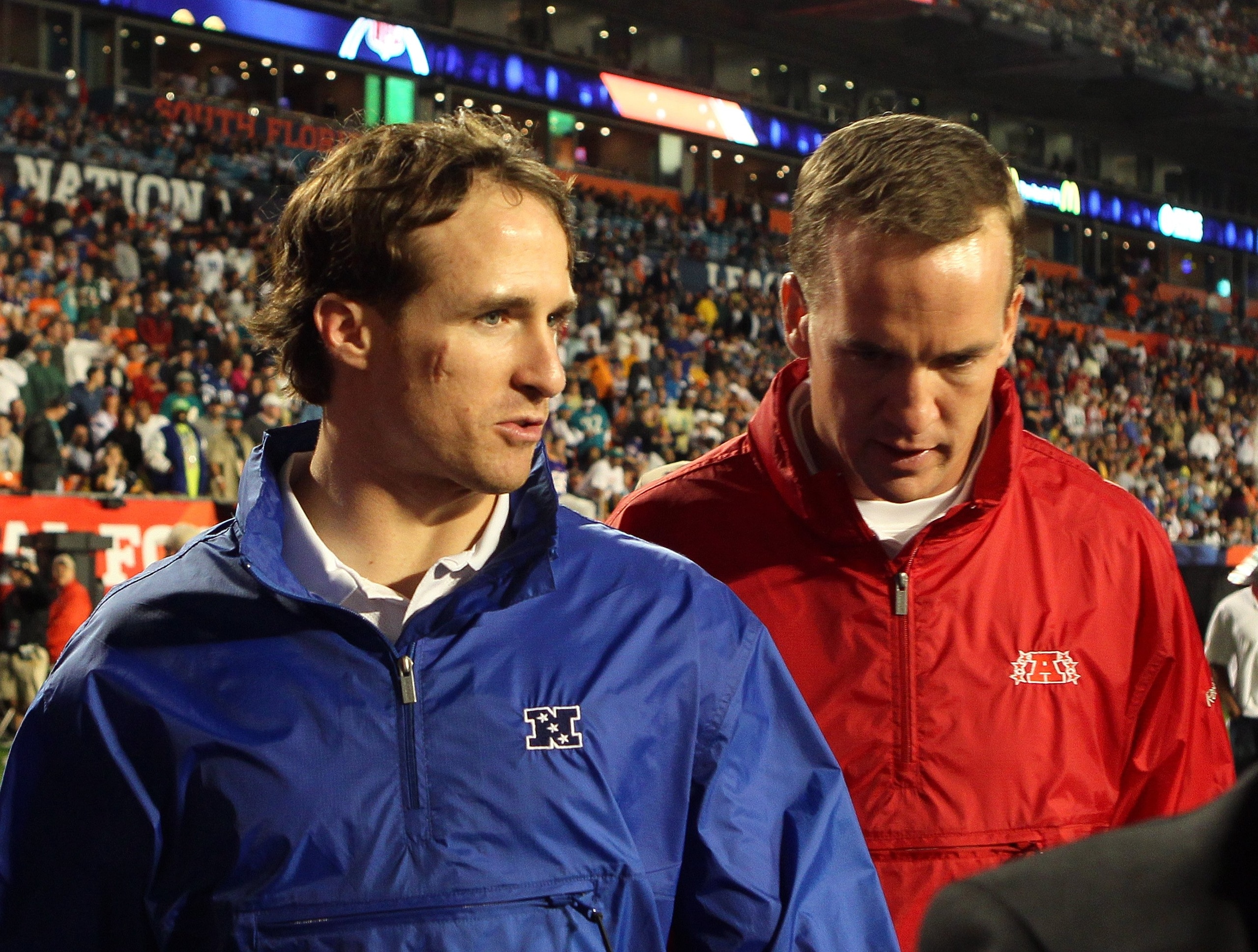 MIAMI GARDENS, FL - JANUARY 31:  Drew Brees of the New Orleans Saints and Peyton Manning of the Indianapolis Colts attend the 2010 AFC-NFC Pro Bowl game at Sun Life Stadium on January 31, 2010 in Miami Gardens, Florida. The AFC defeated the NFC 41-34. (Ph