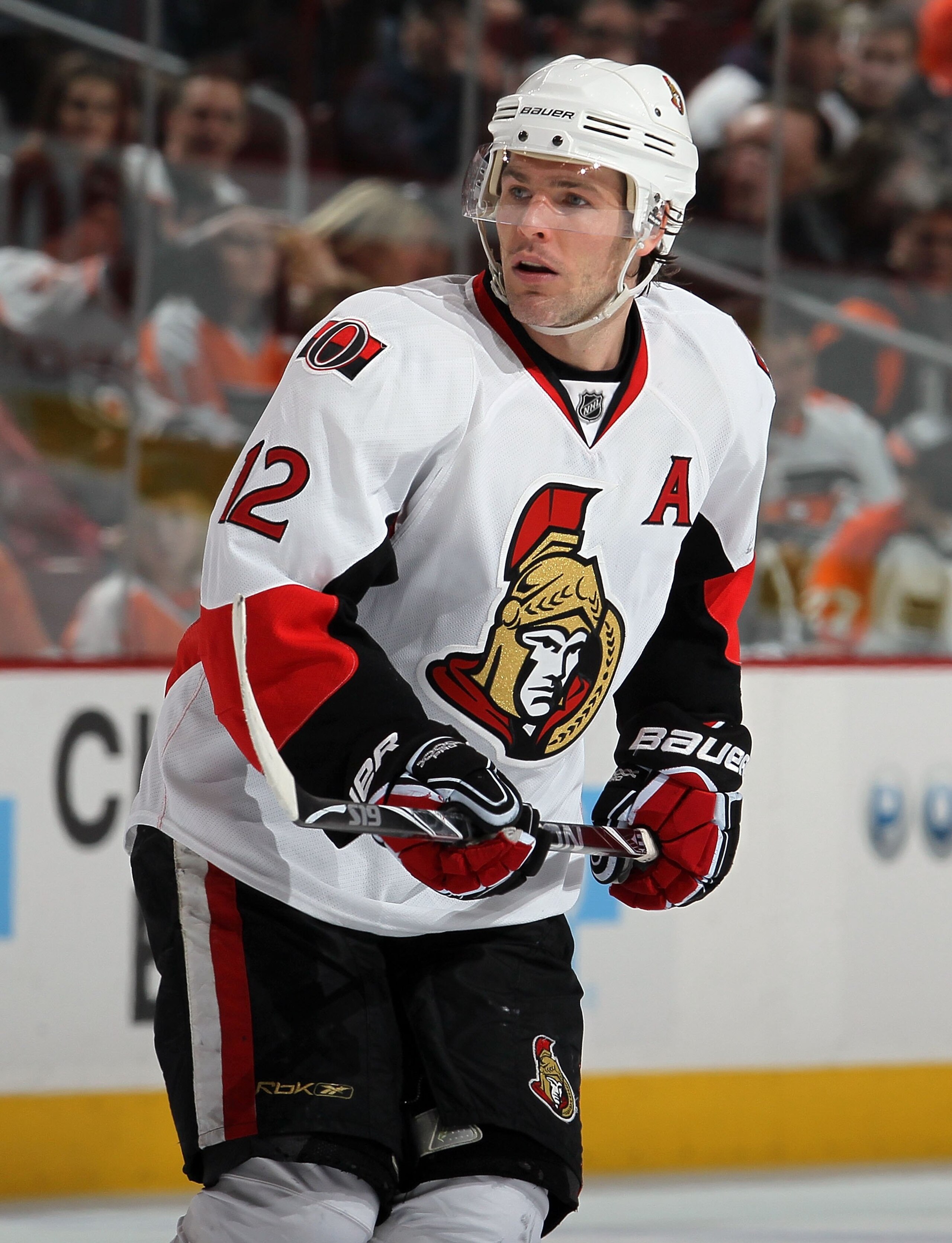 PHILADELPHIA, PA - JANUARY 20:  Mike Fisher #12 of the Ottawa Senators skates against the Philadelphia Flyers on January 20, 2011 at Wells Fargo Center in Philadelphia, Pennsylvania.  (Photo by Jim McIsaac/Getty Images)