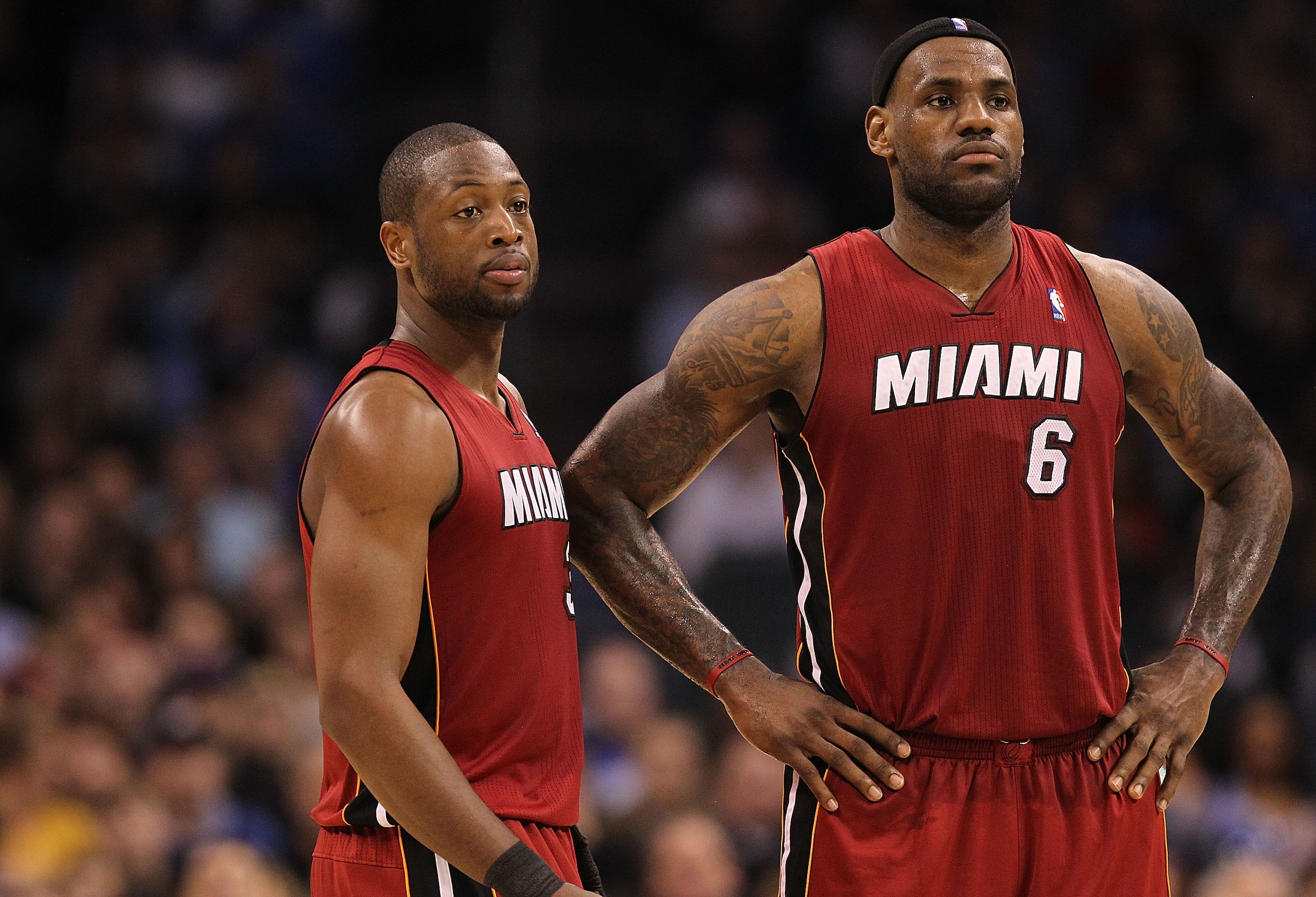 OKLAHOMA CITY, OK - JANUARY 30:  Forward LeBron James #6 and Dwyane Wade #3 of the Miami Heat during play against the Oklahoma City Thunder at Ford Center on January 30, 2011 in Oklahoma City, Oklahoma.  NOTE TO USER: User expressly acknowledges and agree