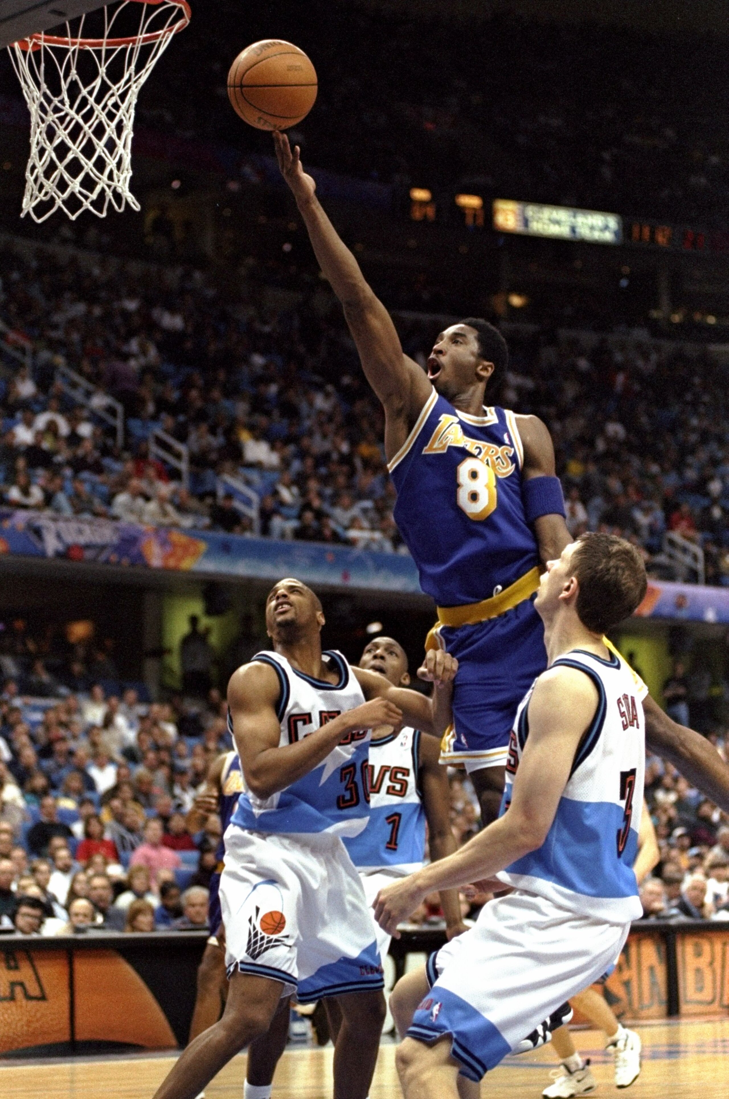 3 Apr 1998:  Guard Kobe Bryant of the Los Angeles Lakers in action against the Cleveland Cavaliers during a game at the Gund Arena in Cleveland, Ohio.  The Lakers defeated the Cavaliers 105-93. Mandatory Credit: Vincent Laforet  /Allsport