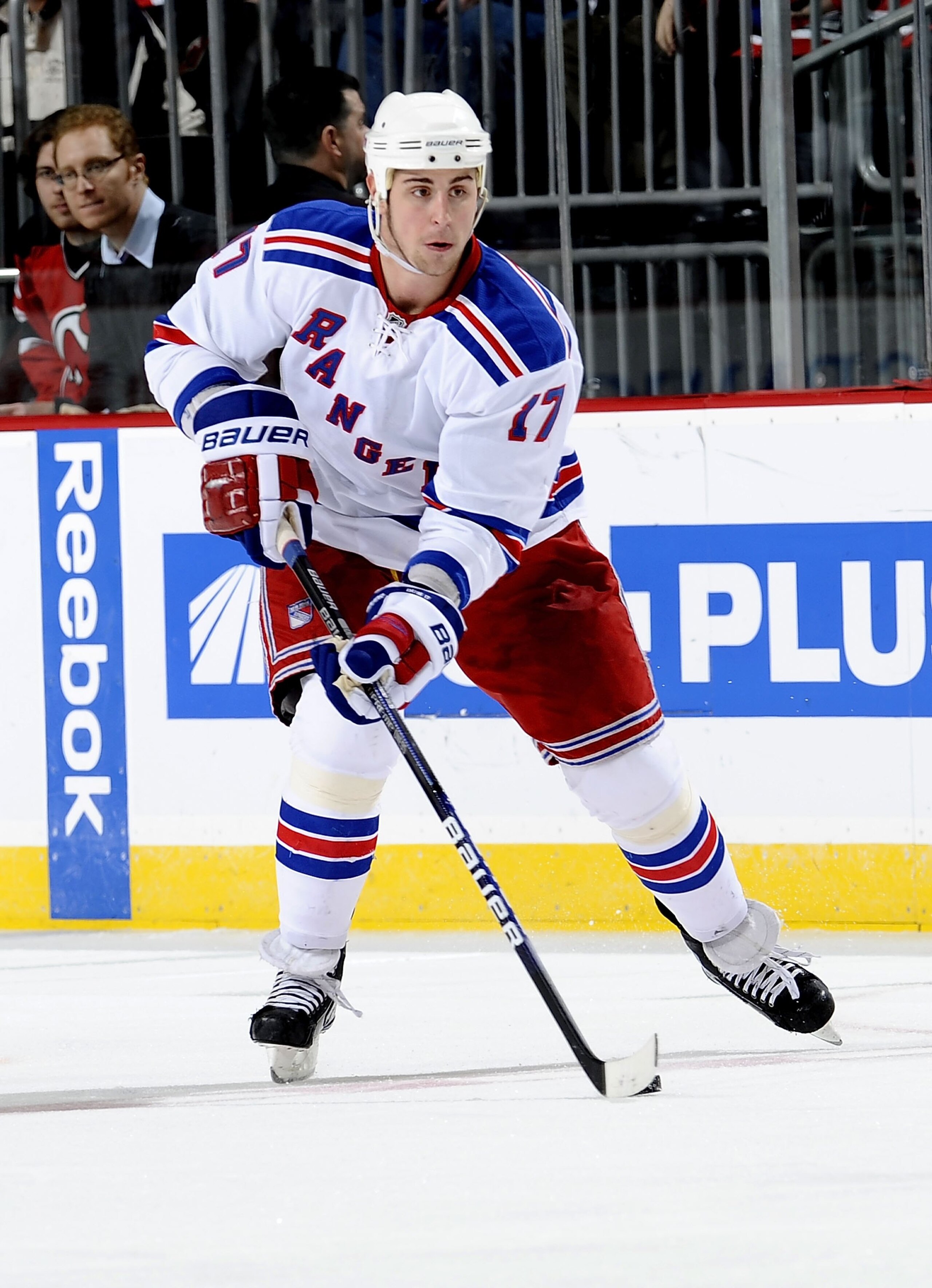 NEWARK, NJ - MARCH 25:  Brandon Dubinsky #17 of the New York Rangers skates against the New Jersey Devils at the Prudential Center on March 25, 2010 in Newark, New Jersey.  (Photo by Jeff Zelevansky/Getty Images)