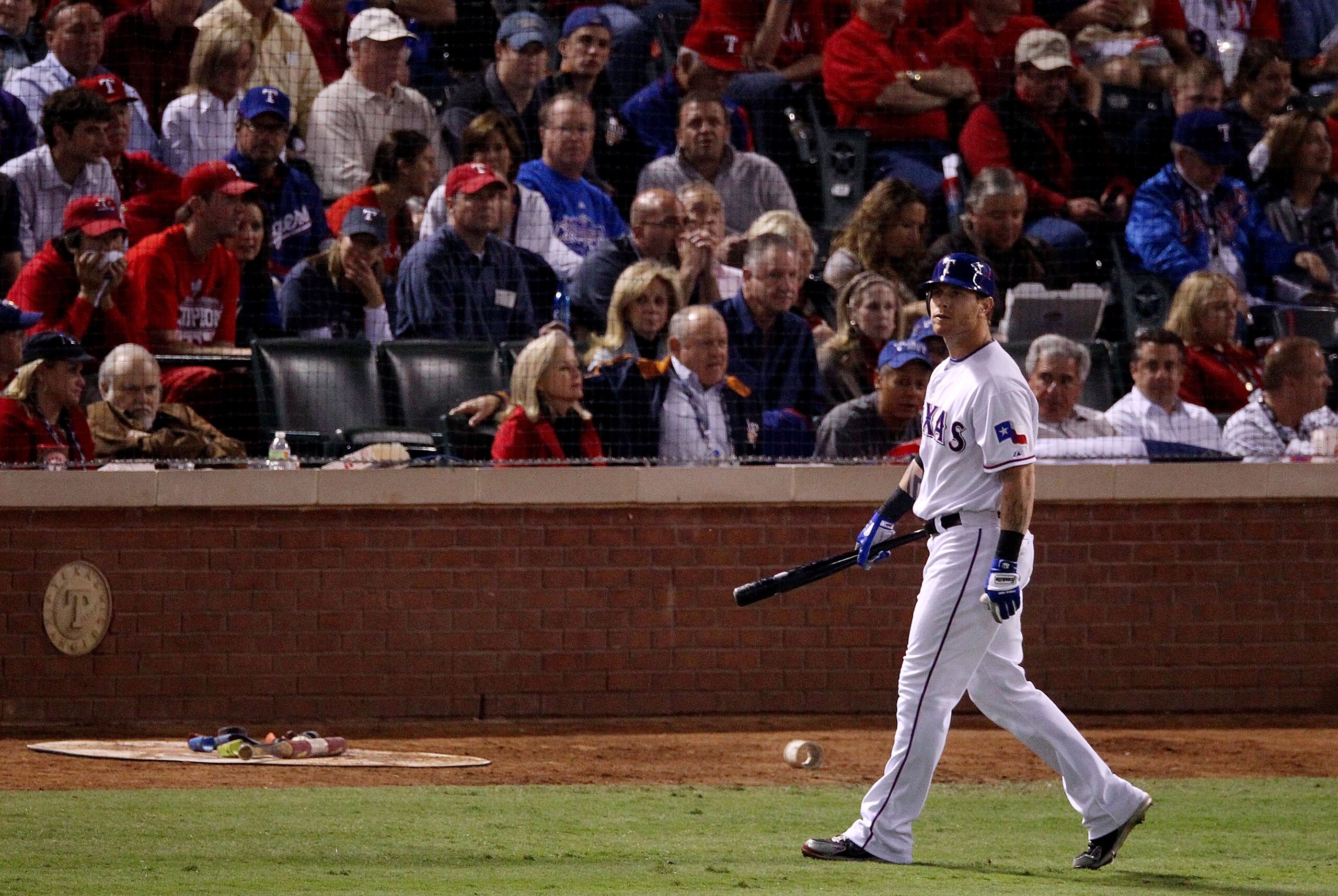 ARLINGTON, TX - NOVEMBER 01:  Josh Hamilton #32 of the Texas Rangers reacts after striking out against the San Francisco Giants in the fourth inning of Game Five of the 2010 MLB World Series at Rangers Ballpark in Arlington on November 1, 2010 in Arlingto