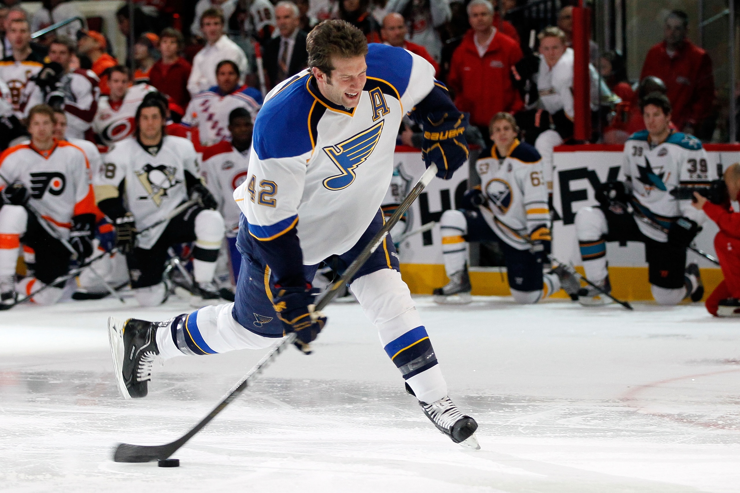 RALEIGH, NC - JANUARY 29:  David Backes #42 of the St. Louis Blues competes in the hardest shot part of the Honda NHL SuperSkills competition part of 2011 NHL All-Star Weekend at the RBC Center on January 29, 2011 in Raleigh, North Carolina.  (Photo by Ke