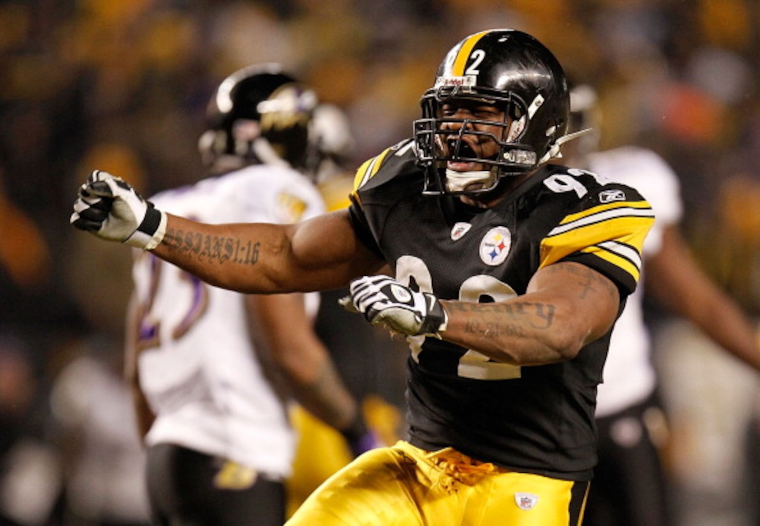 PITTSBURGH, PA - JANUARY 15:  Linebacker James Harrison #92 of the Pittsburgh Steelers celebrates after a play against the Baltimore Ravens during the AFC Divisional Playoff Game at Heinz Field on January 15, 2011 in Pittsburgh, Pennsylvania.  (Photo by G