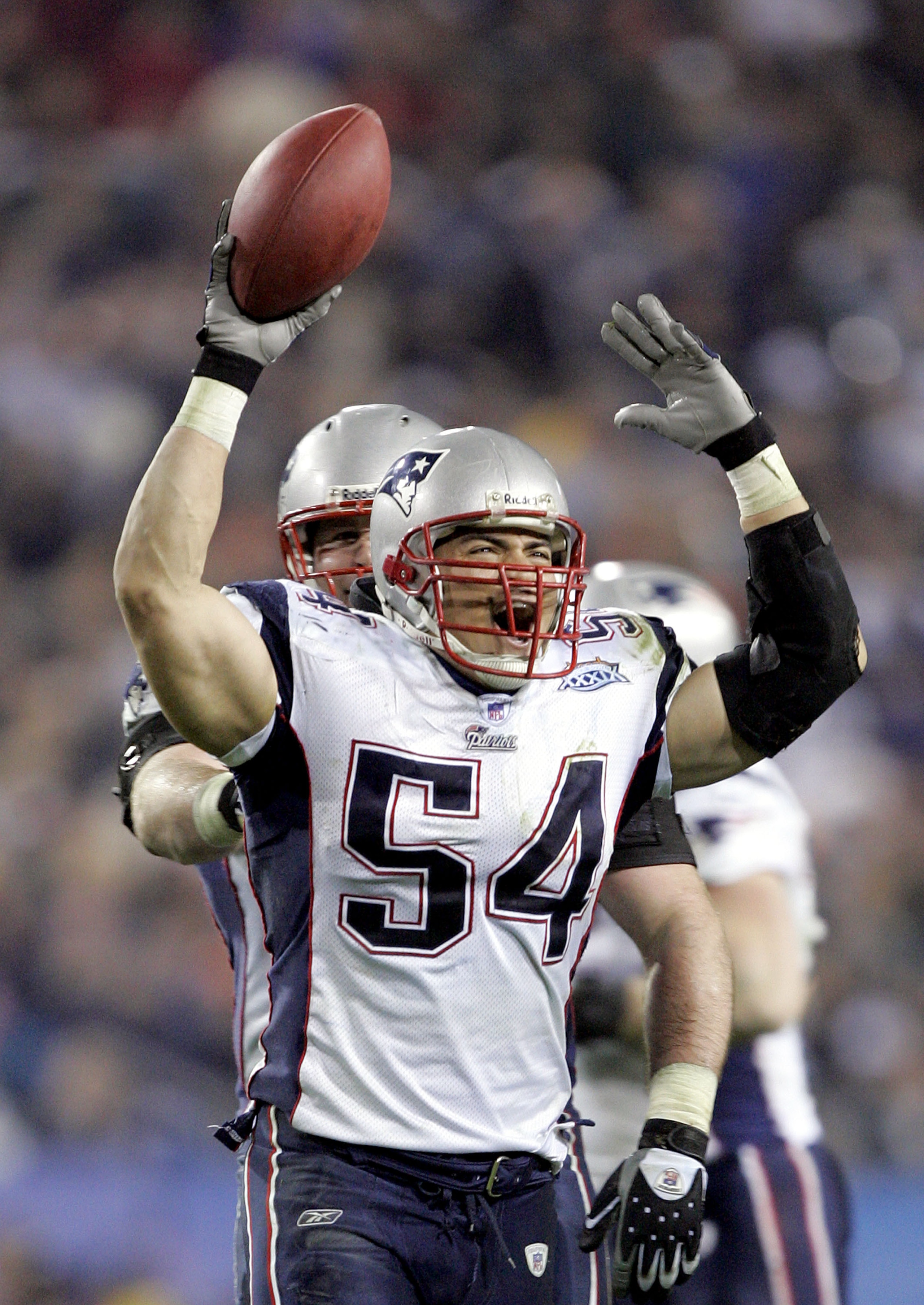 JACKSONVILLE, FL - FEBRUARY 06:  Linebacker Tedy Bruschi #54 of the New England Patriots celebrates his interception catch from Donovan McNabb #5 of the Philadelphia Eagles during the fourth quarter of Super Bowl XXXIX at Alltel Stadium on February 6, 200