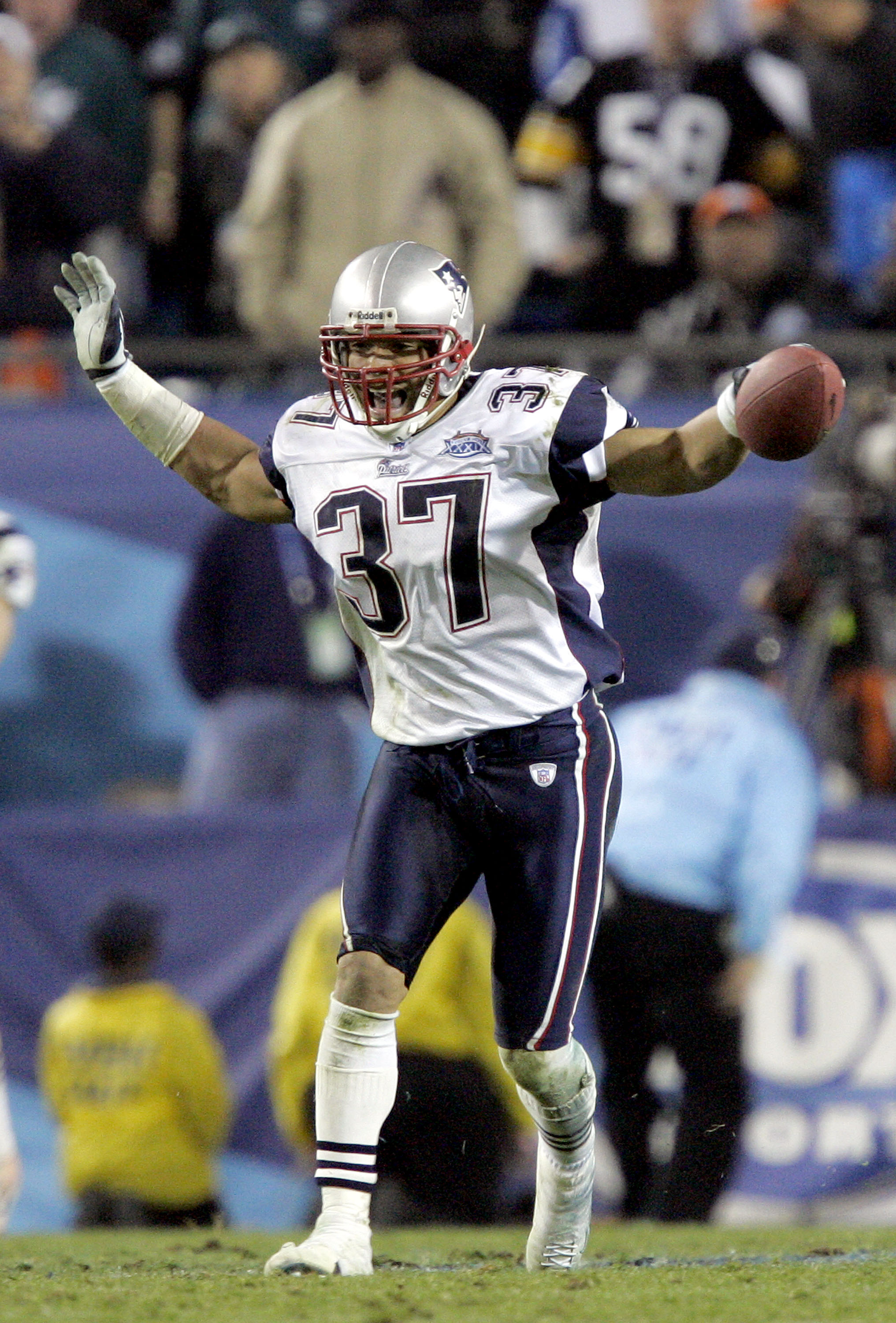 Asante Samuel of the New England Patriots intercepts Donovan McNabb of the  Philadelphia Eagles in the first half of Superbowl XXXIX in Jacksonville,  Florida on February 6, 2005. The interception is later