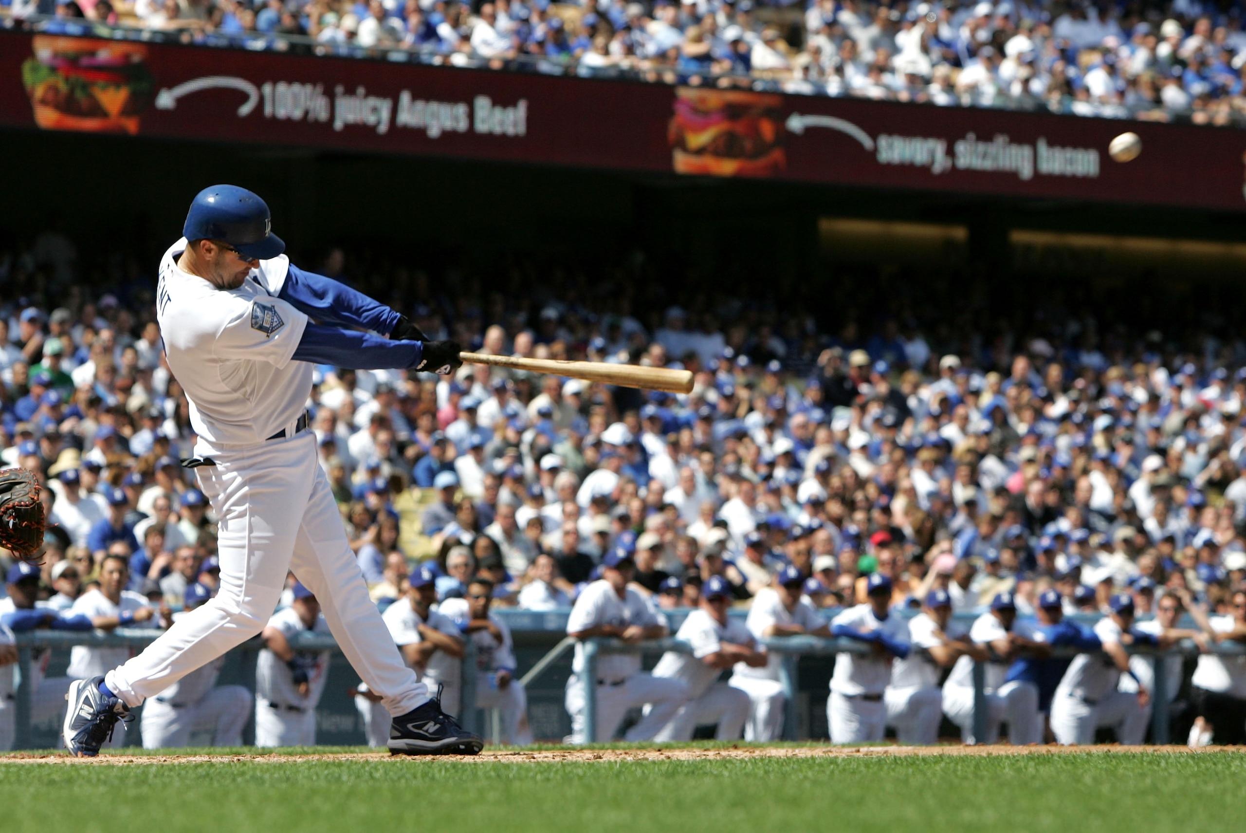 LOS ANGELES, CA - MARCH 31: Jeff Kent #12 of the Los Angeles Dodgers hits a two run home run in the first inning against the San Francisco Giants in during the Opening Day game at Dodger Stadium on March 31, 2008 in Los Angeles, California. (Photo by J LOS ANGELES, CA - MARCH 31: Jeff Kent #12 of the Los Angeles Dodgers hits a two run home run in the first inning against the San Francisco Giants in during the Opening Day game at Dodger Stadium on March 31, 2008 in Los Angeles, California. (Photo by J