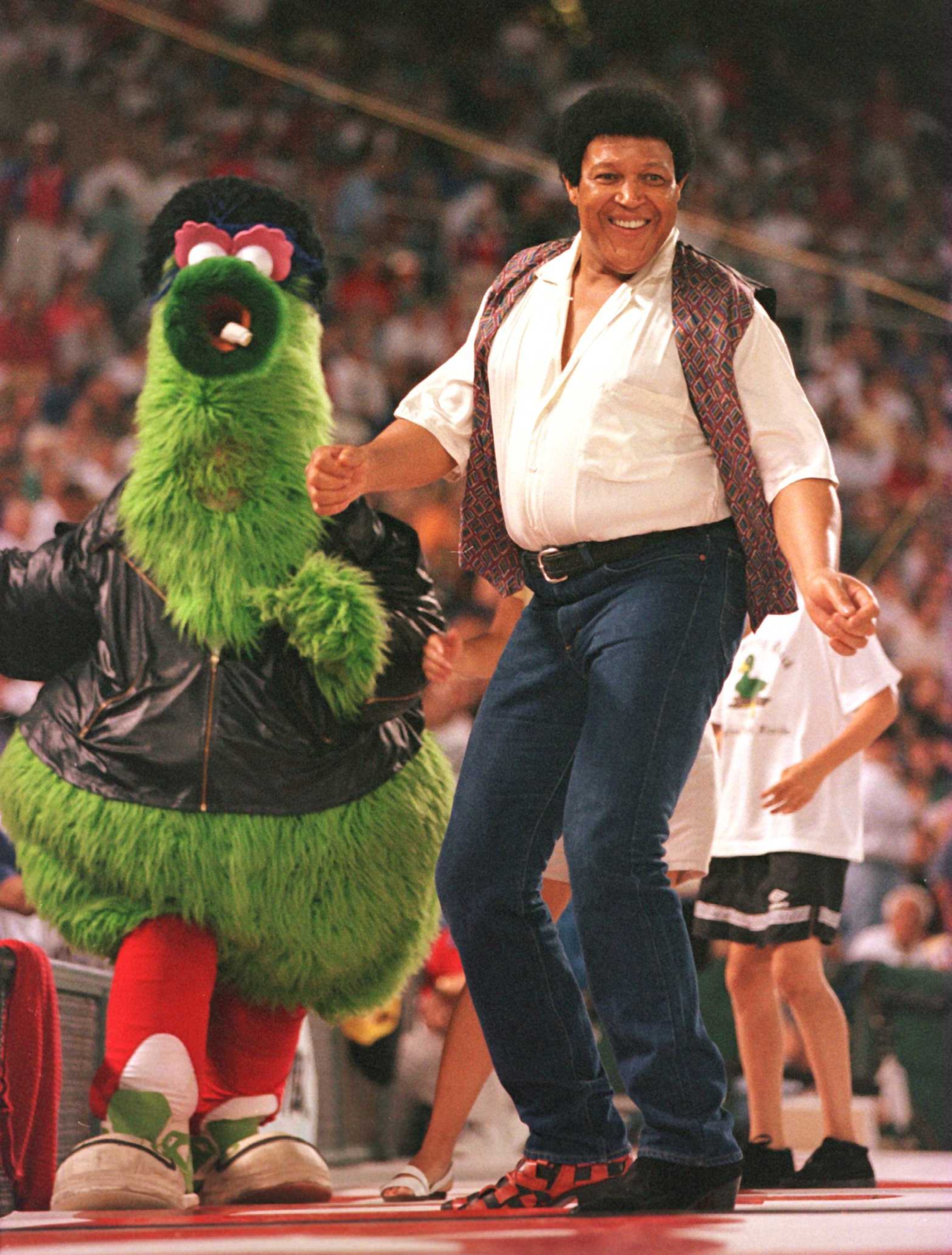 9 Jul 1996:  The Philly Phanatic and Chubby Checker dance above the third base dugout during the 7th inning of the All Star Game at Veterans Stadium in Philadelphia, Pennsylvania.  Mandatory Credit: Al Bello/ALLSPORT