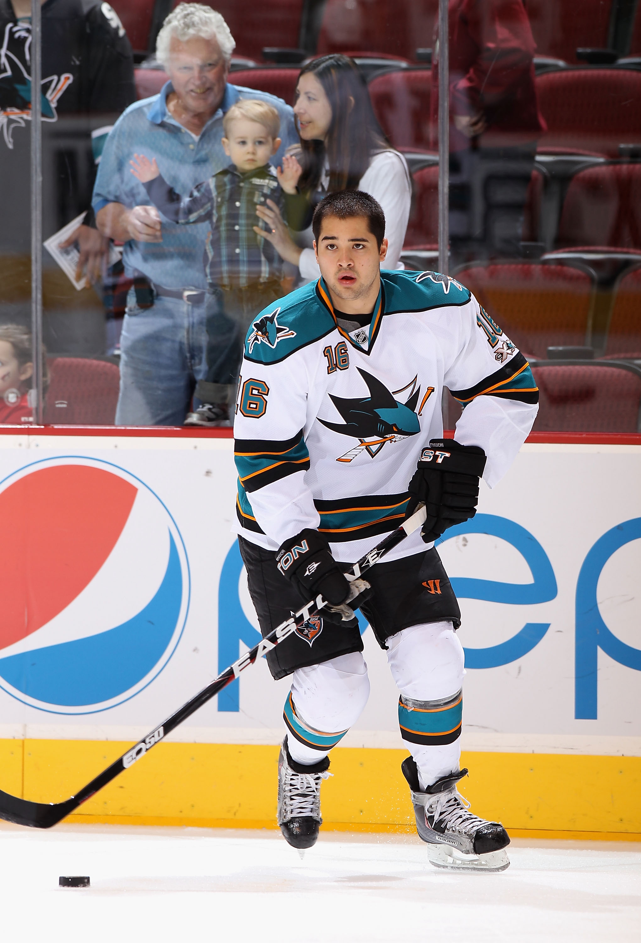 GLENDALE, AZ - JANUARY 17:  Devin Setoguchi #16 of the San Jose Sharks warms up before before the NHL game against the Phoenix Coyotes at Jobing.com Arena on January 17, 2011 in Glendale, Arizona.  The Sharks defeated the Coyotes 4-2.  (Photo by Christian